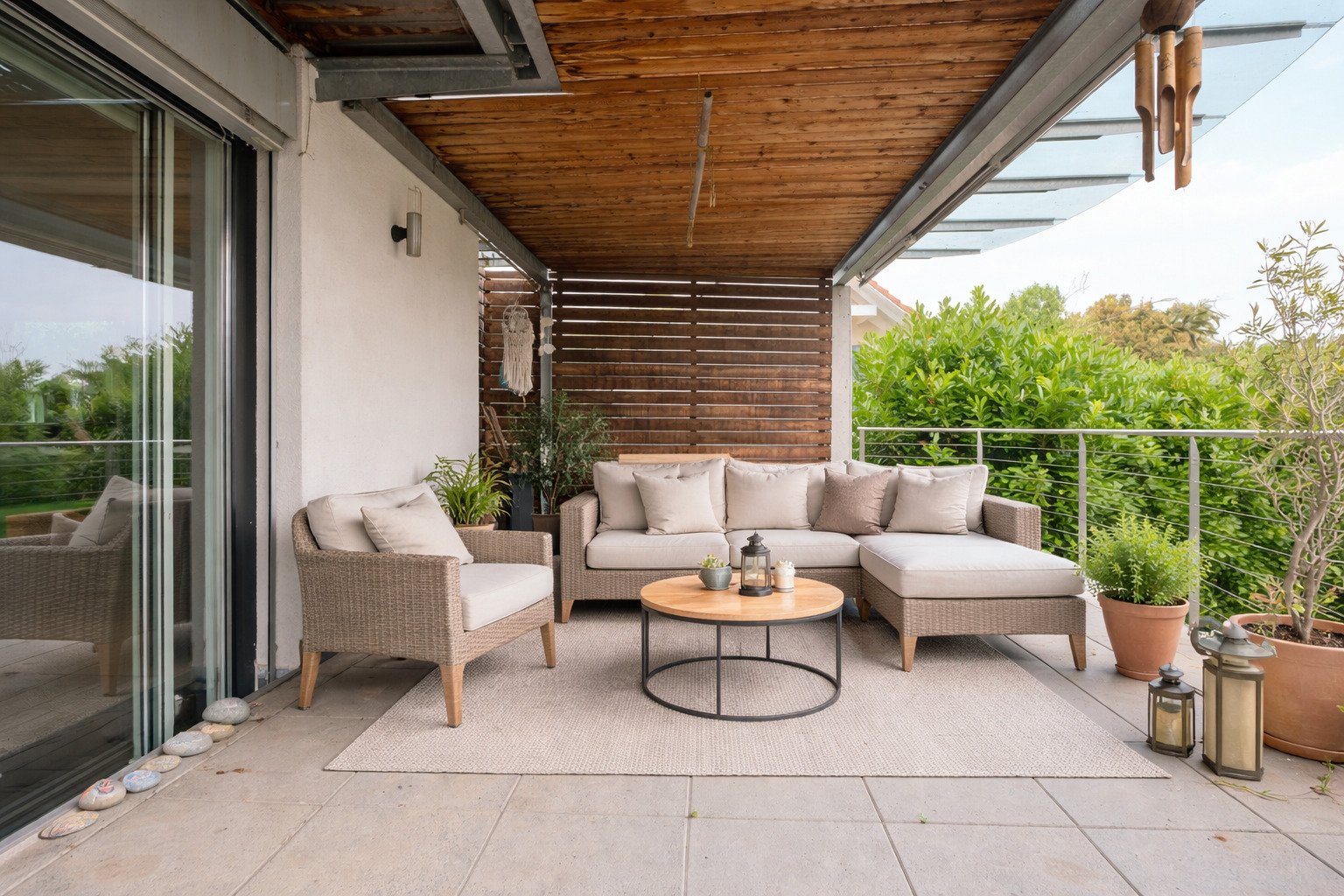 Überdachte Terrasse mit Lounge-Möbeln