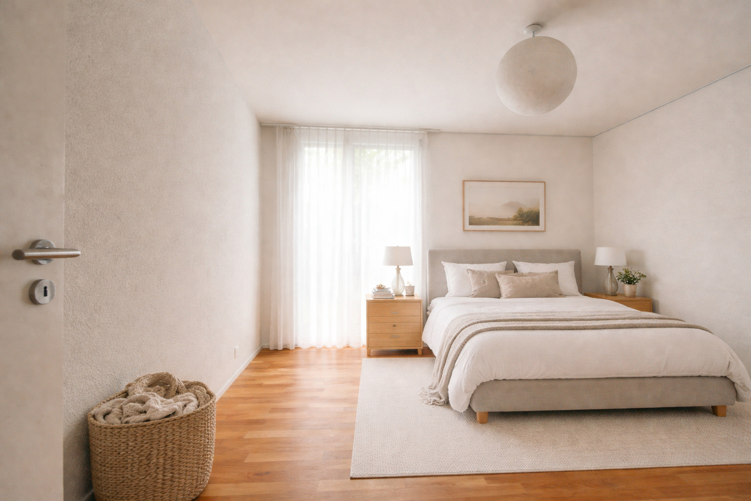 Helles Schlafzimmer mit minimalistischer Einrichtung
