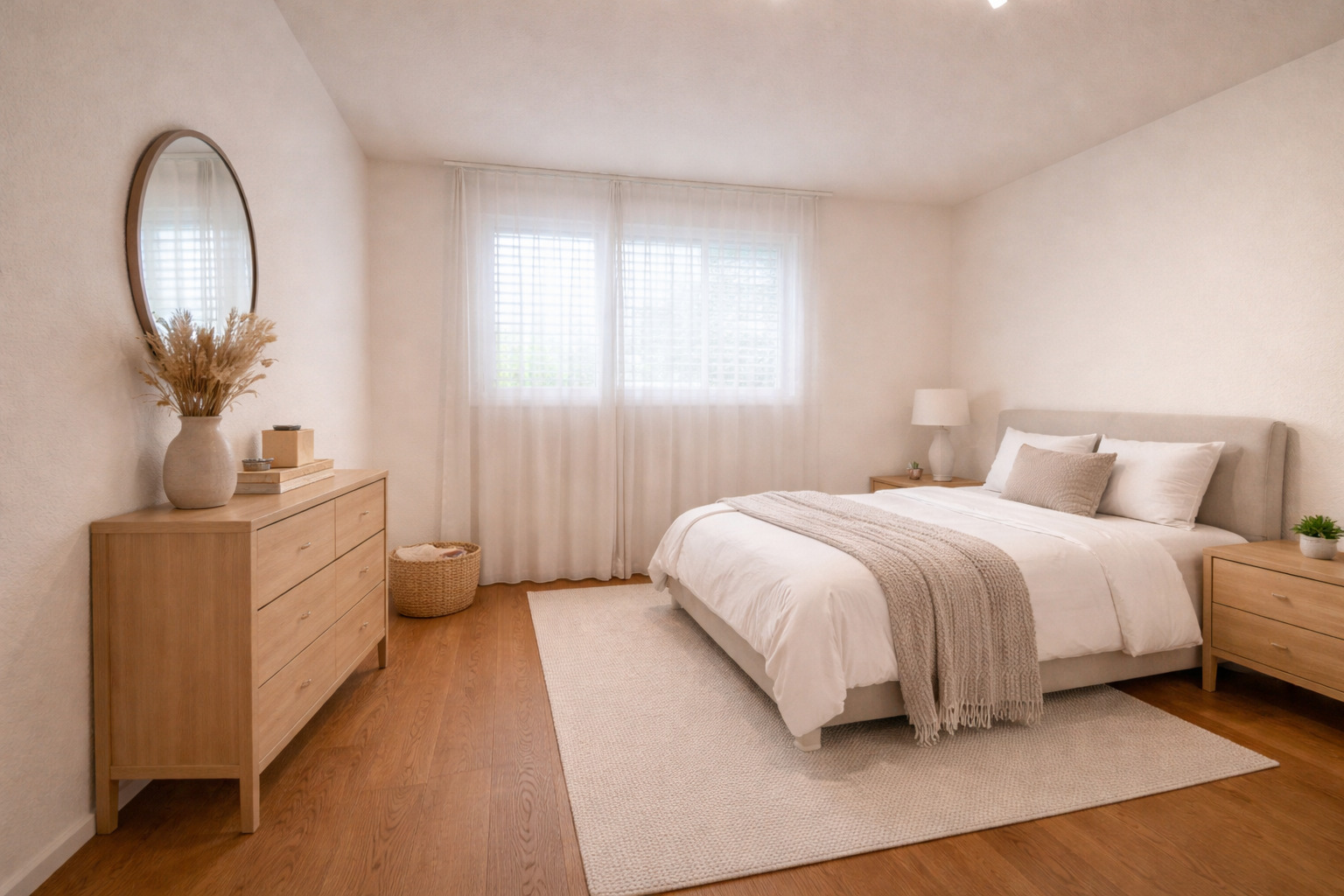 Helles, minimalistisch eingerichtetes Schlafzimmer