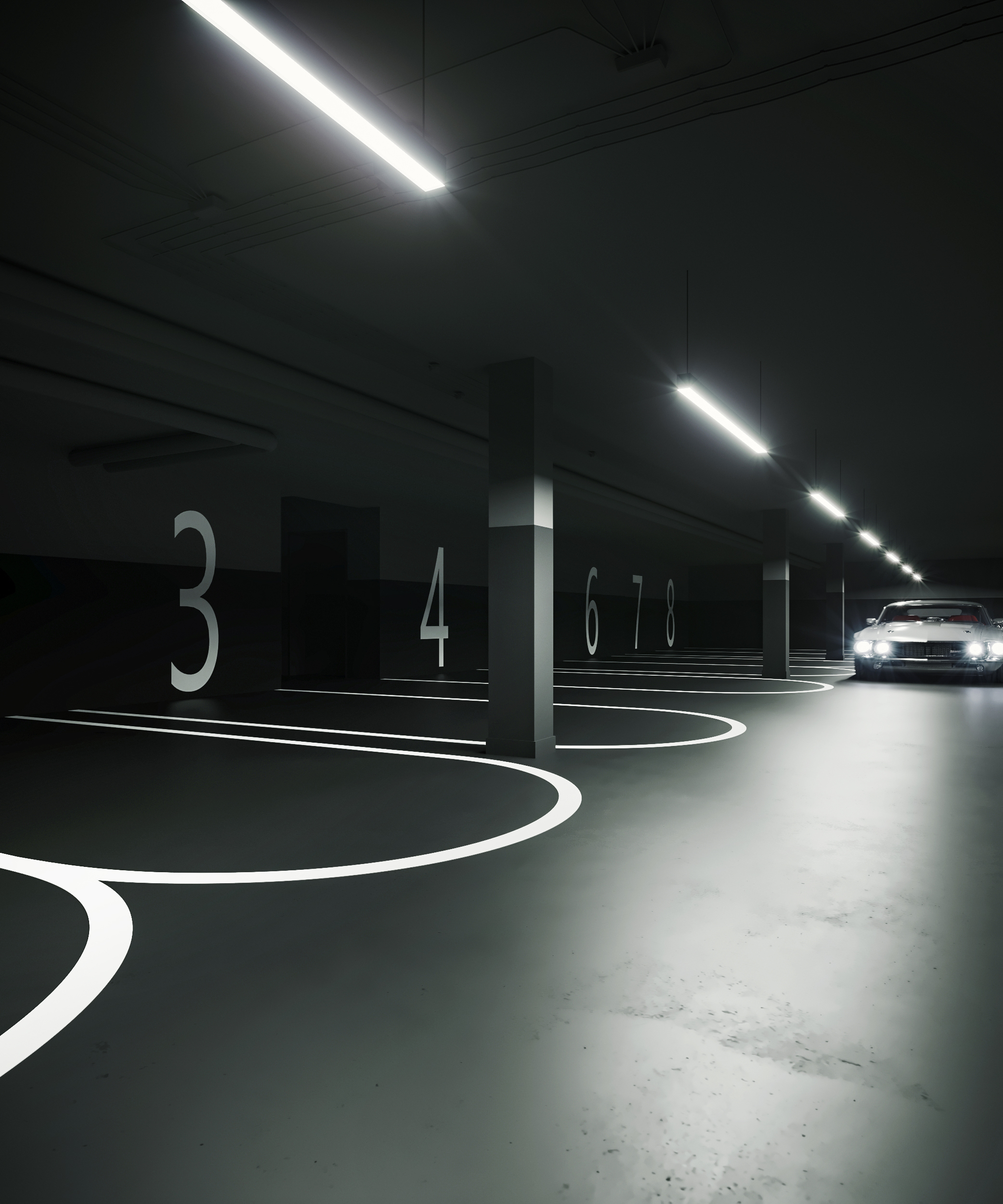 Tiefgarage mit nummerierten Stellplätzen