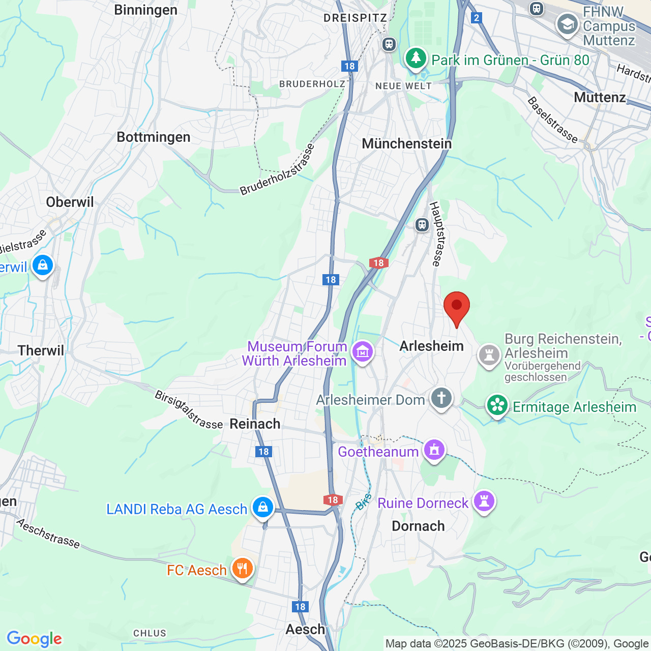 Karte mit Standortmarker in der Region Arlesheim