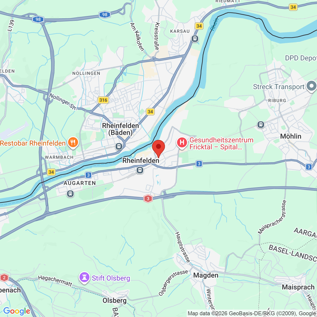 Kartenausschnitt mit Rheinfelden und Umgebung