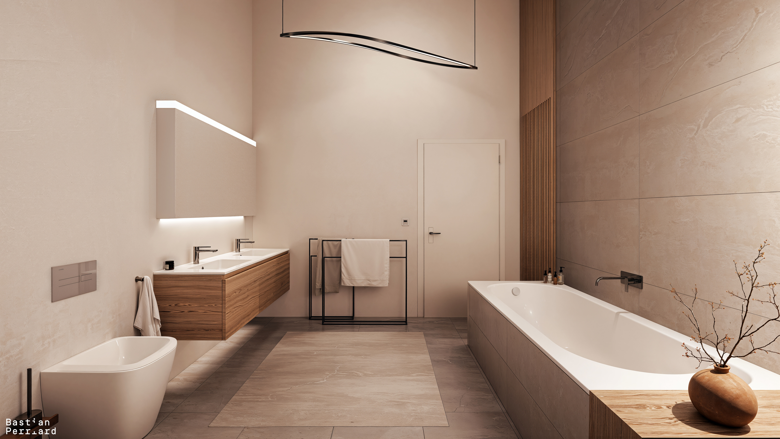 Modernes Badezimmer mit freistehender Wanne und Doppelwaschtisch