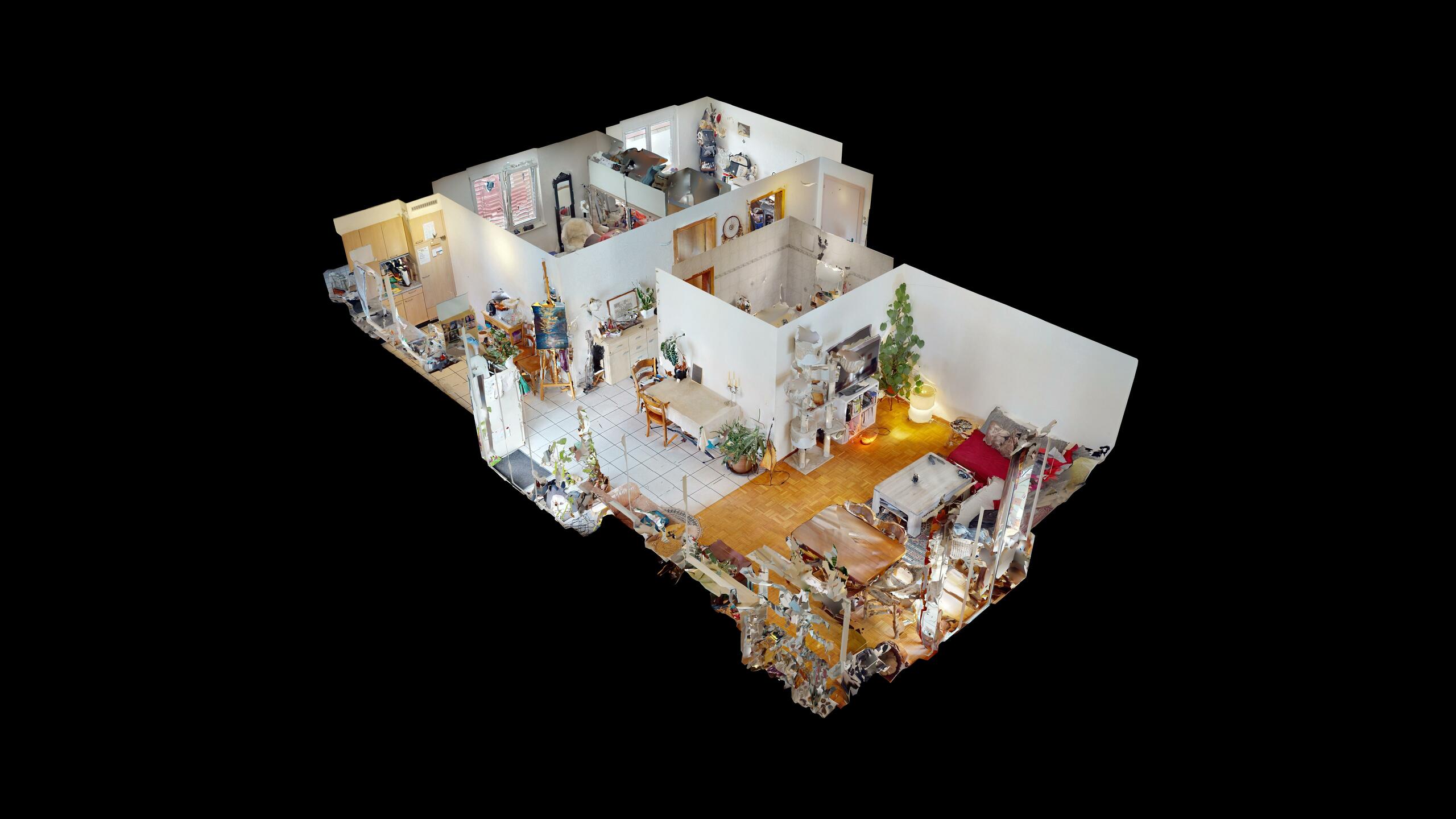 3D-Ansicht einer Wohnung mit mehreren Räumen