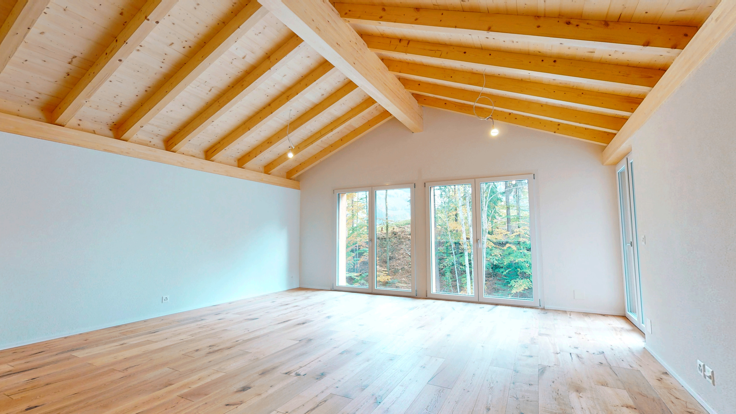 Heller, leerer Raum mit sichtbarer Holzbalkendecke