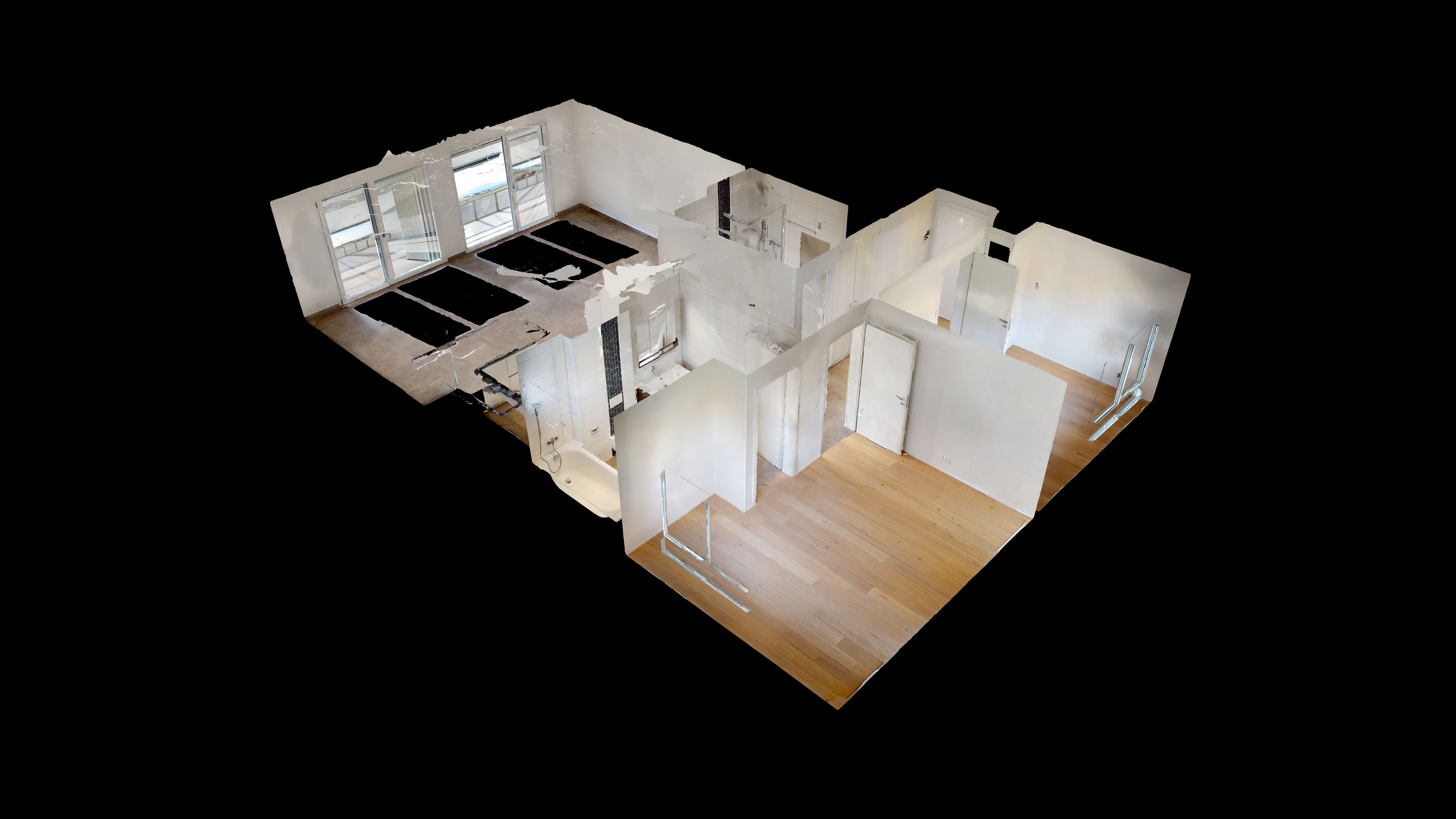 Helle 3D-Ansicht einer Wohnung mit mehreren Räumen
