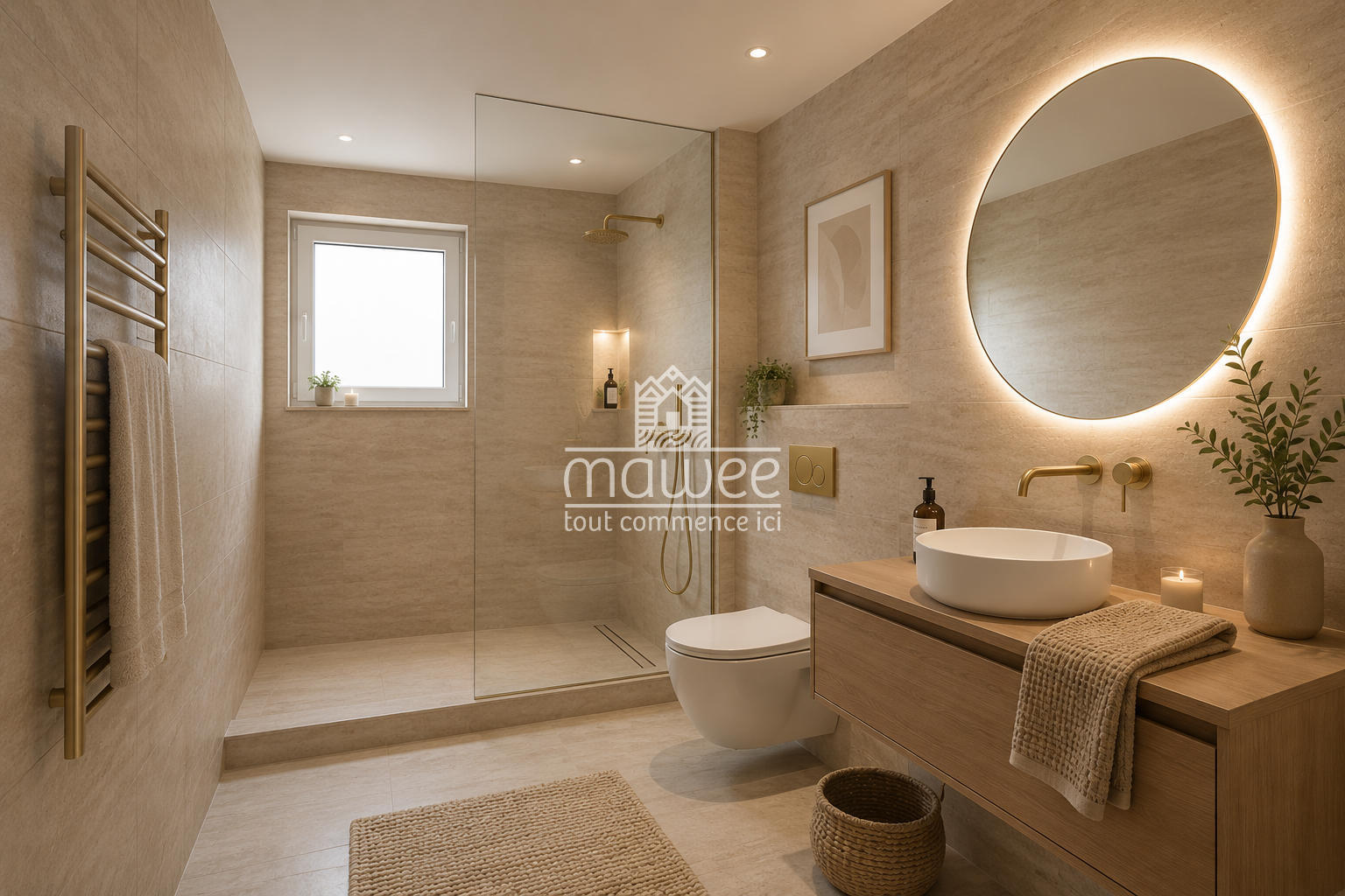 Modernes Badezimmer in warmen Naturtönen