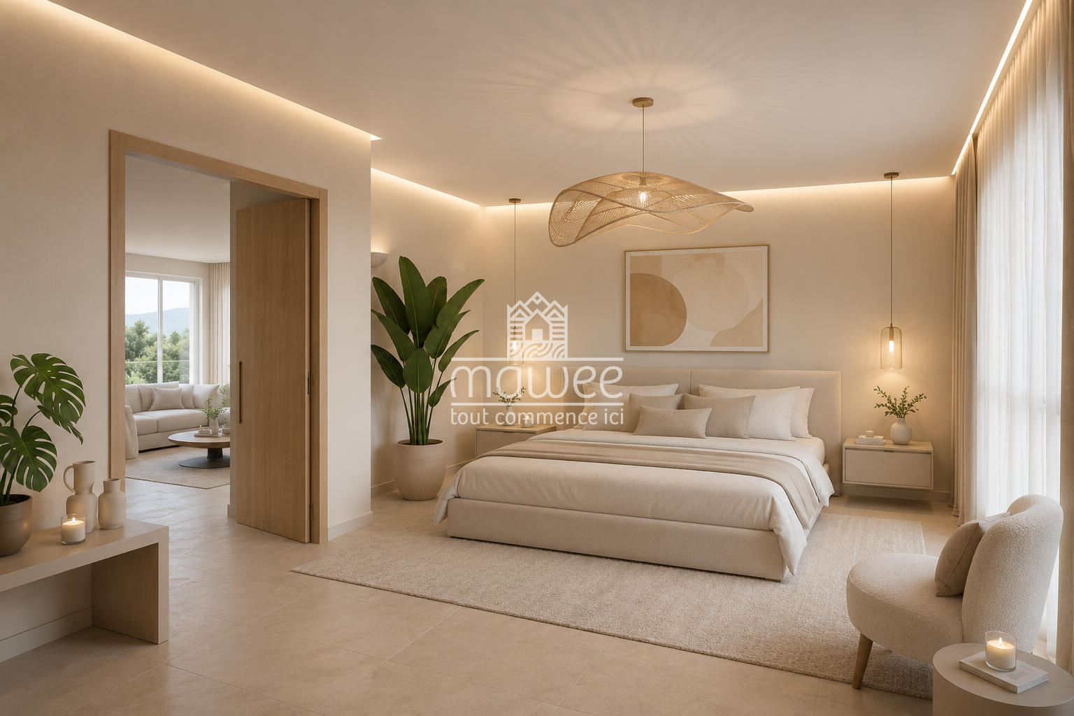 Helles, minimalistisches Schlafzimmer mit Blick in den Wohnbereich
