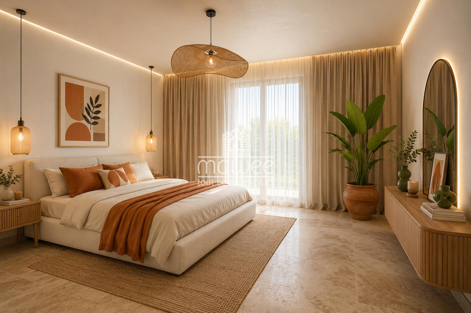 Modernes Schlafzimmer in warmen Naturtönen