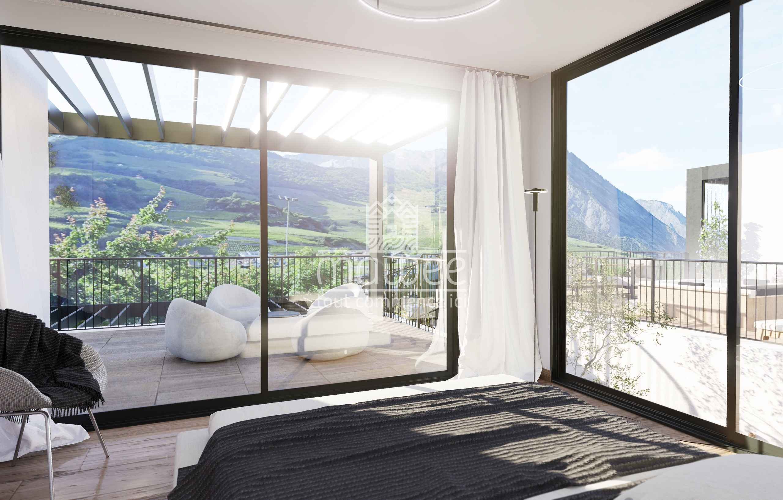 Schlafzimmer mit Panoramablick und großer Terrasse