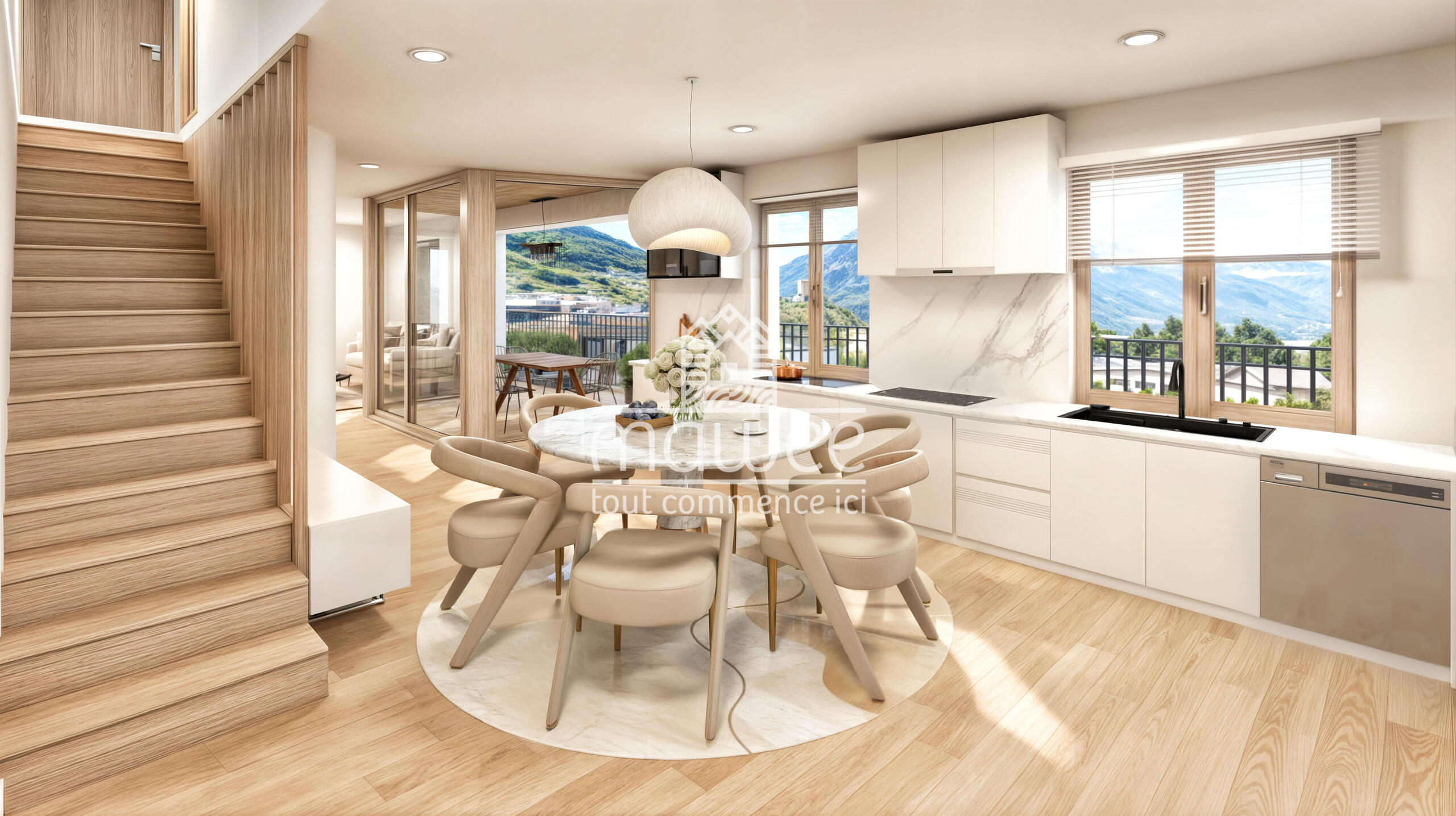 Helle offene Wohnküche mit Bergblick