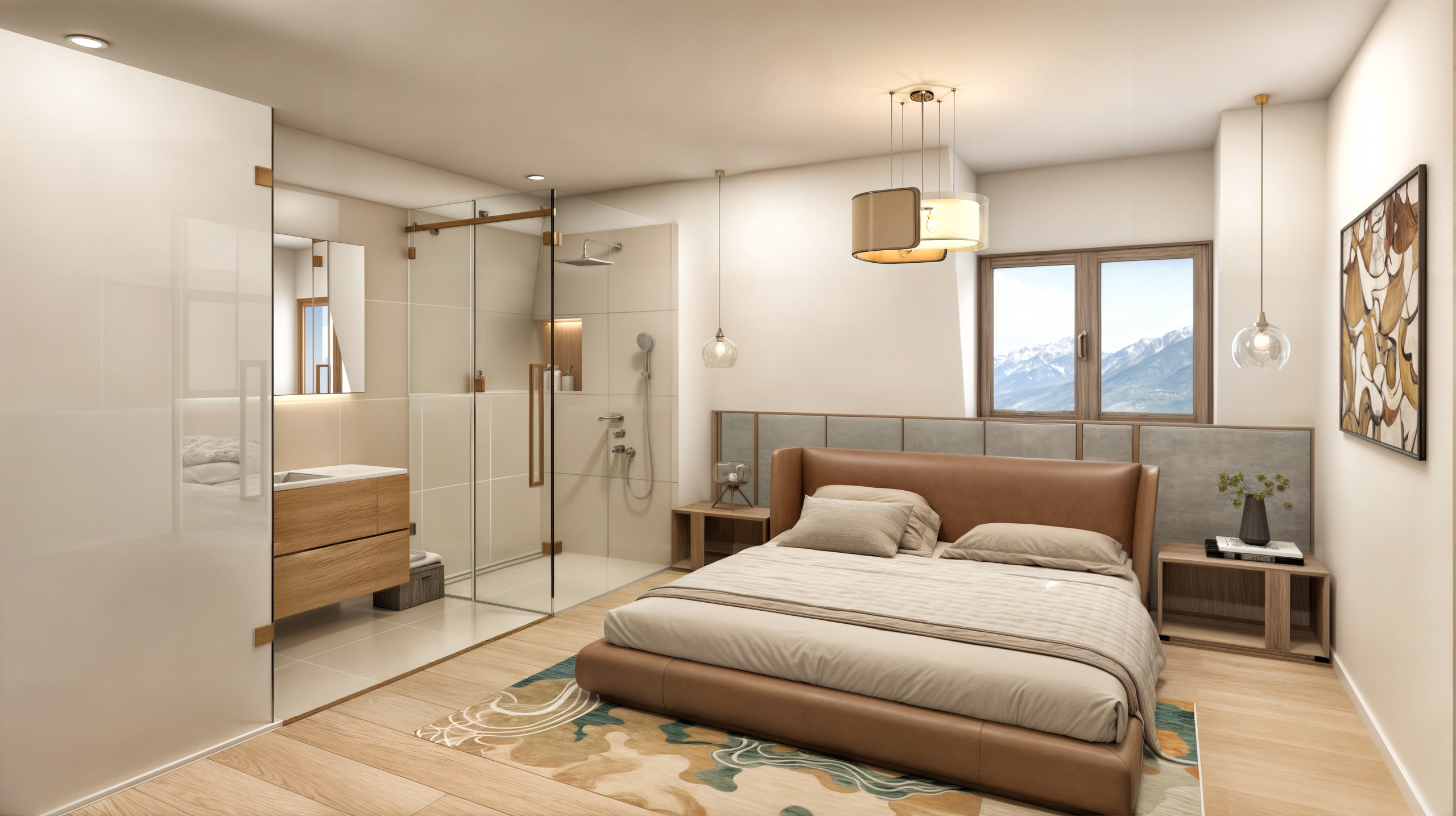 Modernes Schlafzimmer mit integrierter Badzone