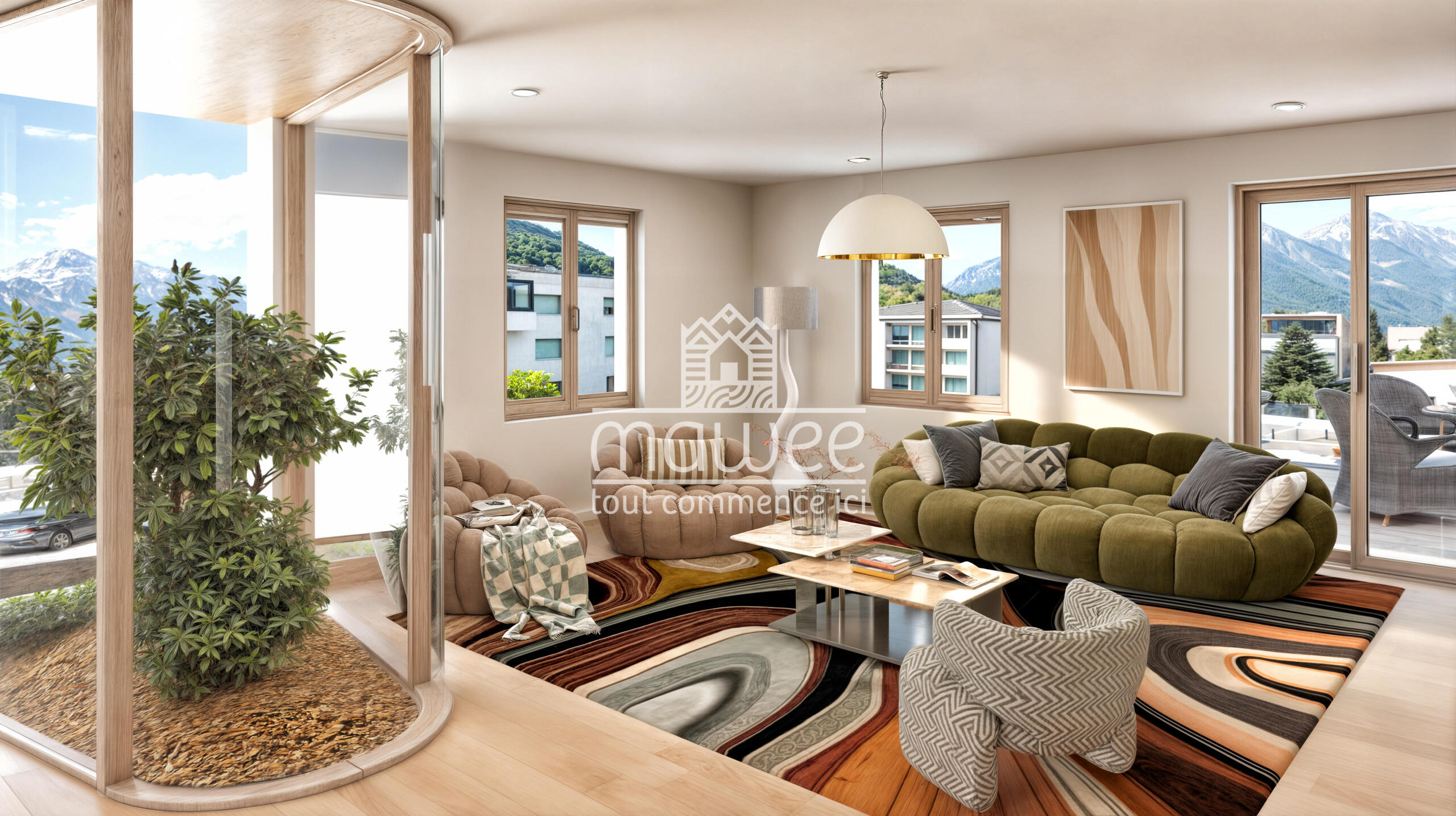 Helles modernes Wohnzimmer mit Bergblick