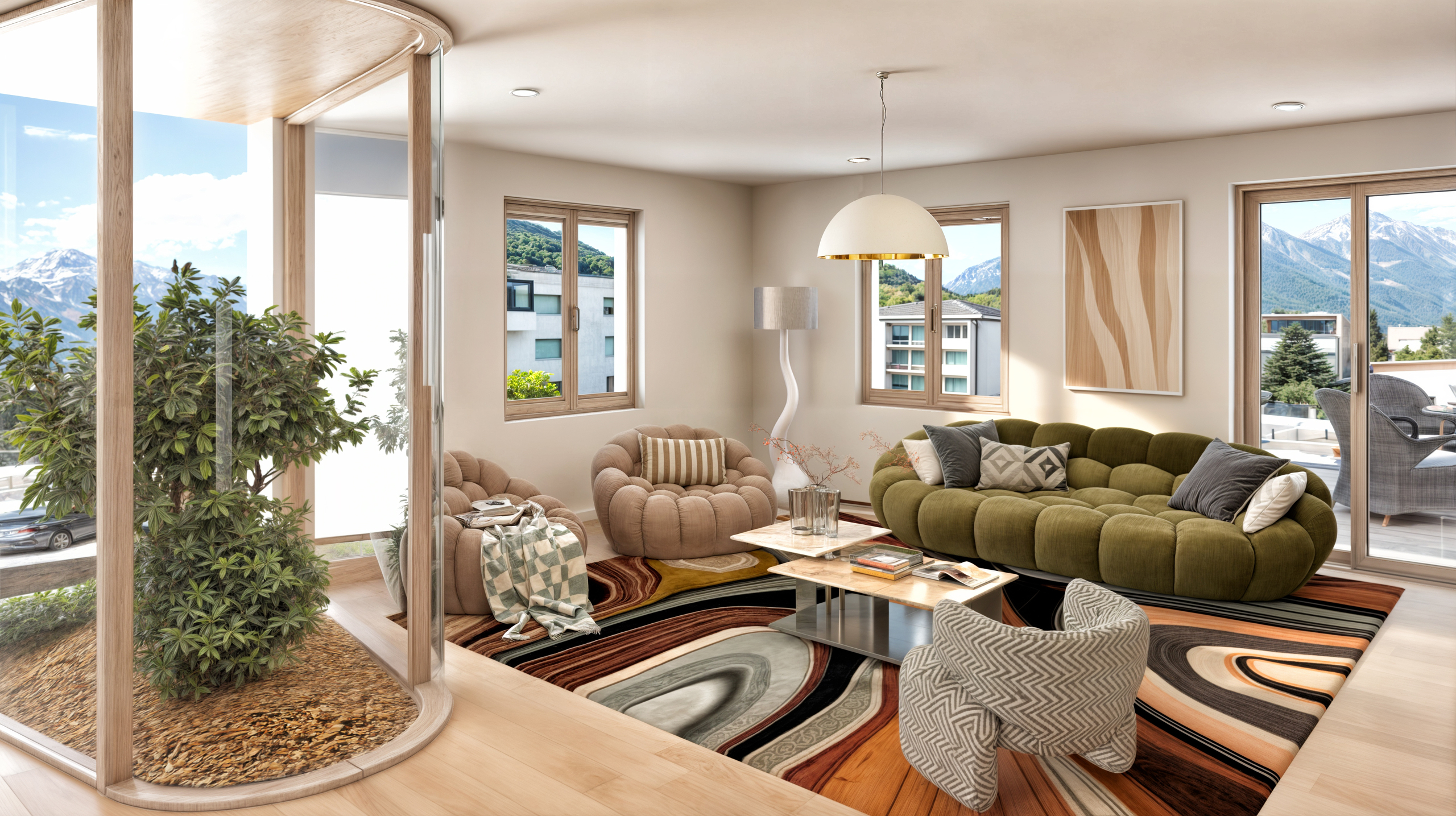 Helles Wohnzimmer mit Bergblick und Balkonzugang
