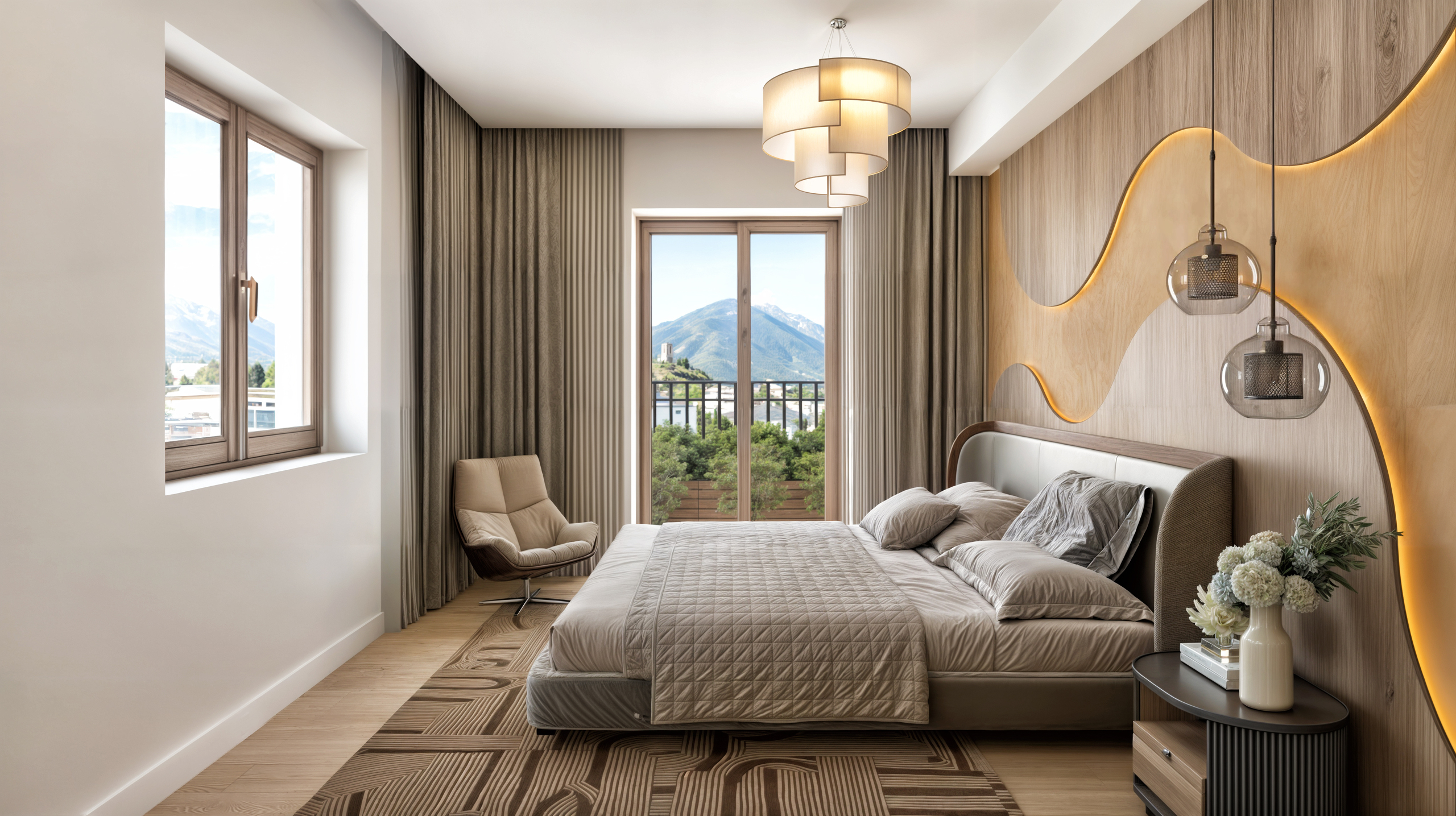 Modernes Schlafzimmer mit Bergblick