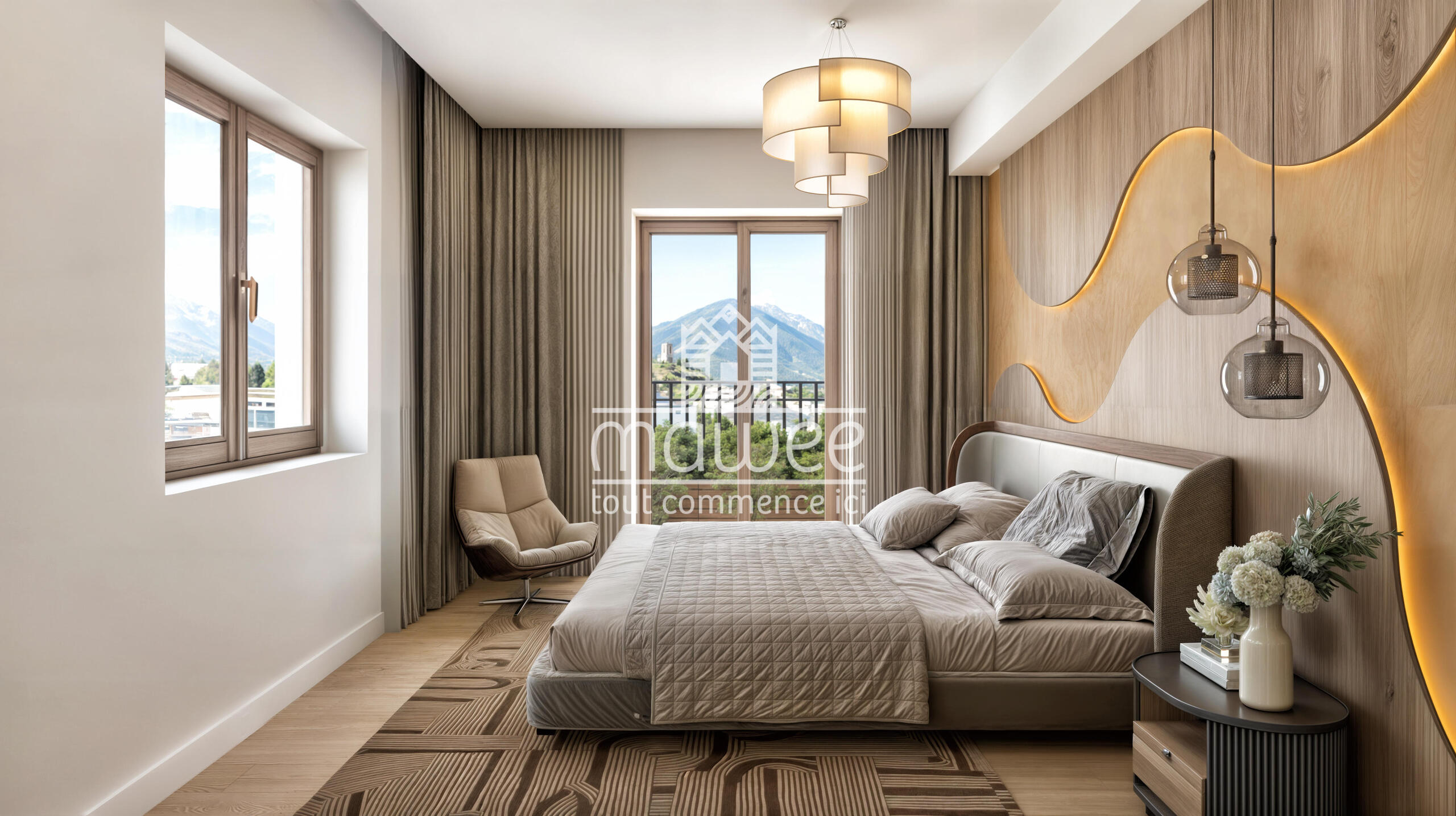 Modernes Schlafzimmer mit Bergblick und warmem Holzdesign