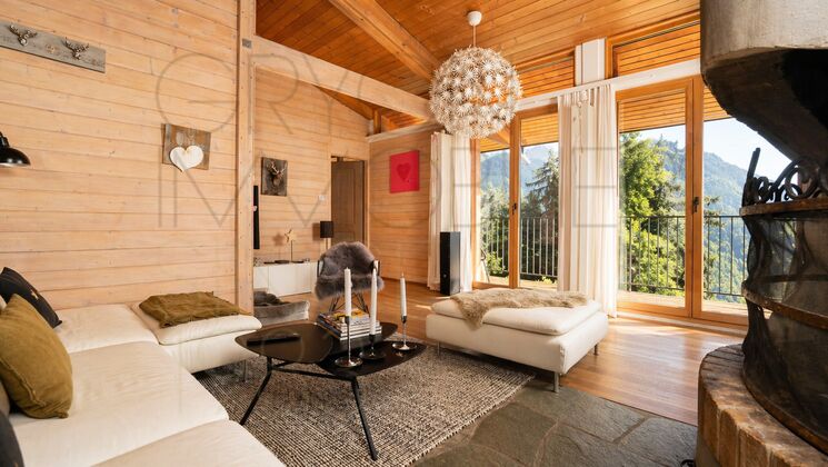 Gemütliches Holzwohnzimmer mit Panoramablick