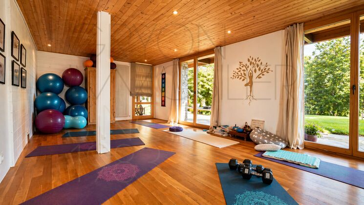 Yoga-/Fitnessraum mit Gartenblick