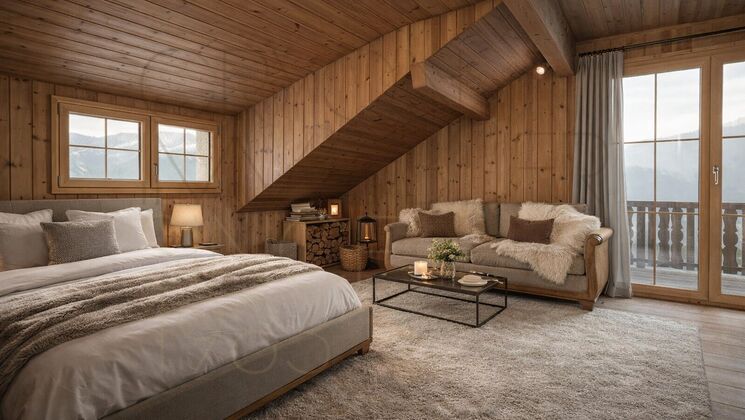 Gemütliches Schlafzimmer im Holzausbau mit Alpenblick