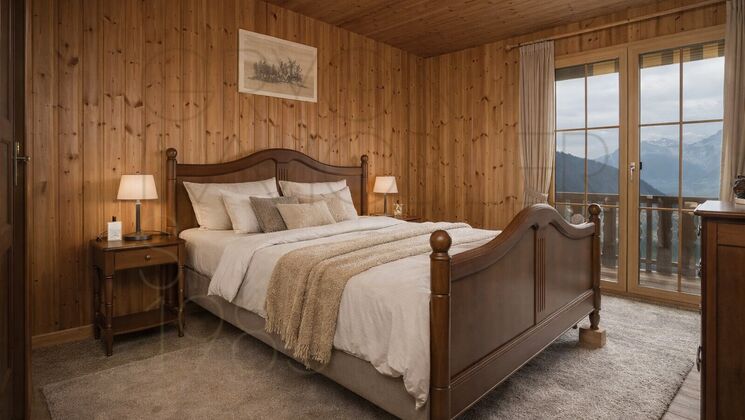 Gemütliches Chalet-Schlafzimmer mit Bergblick
