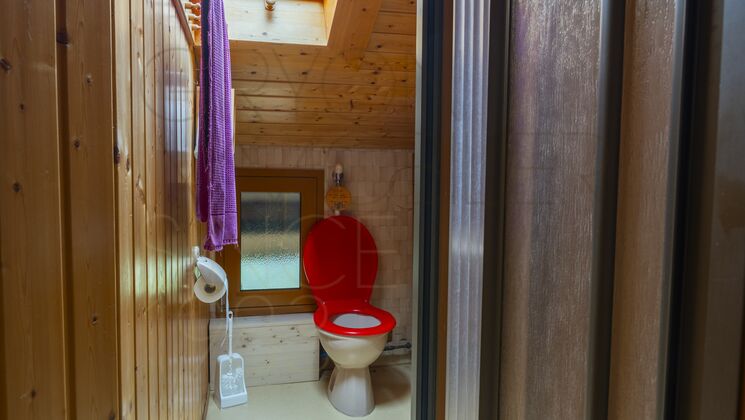 Holzverkleidetes WC mit Dachfenster