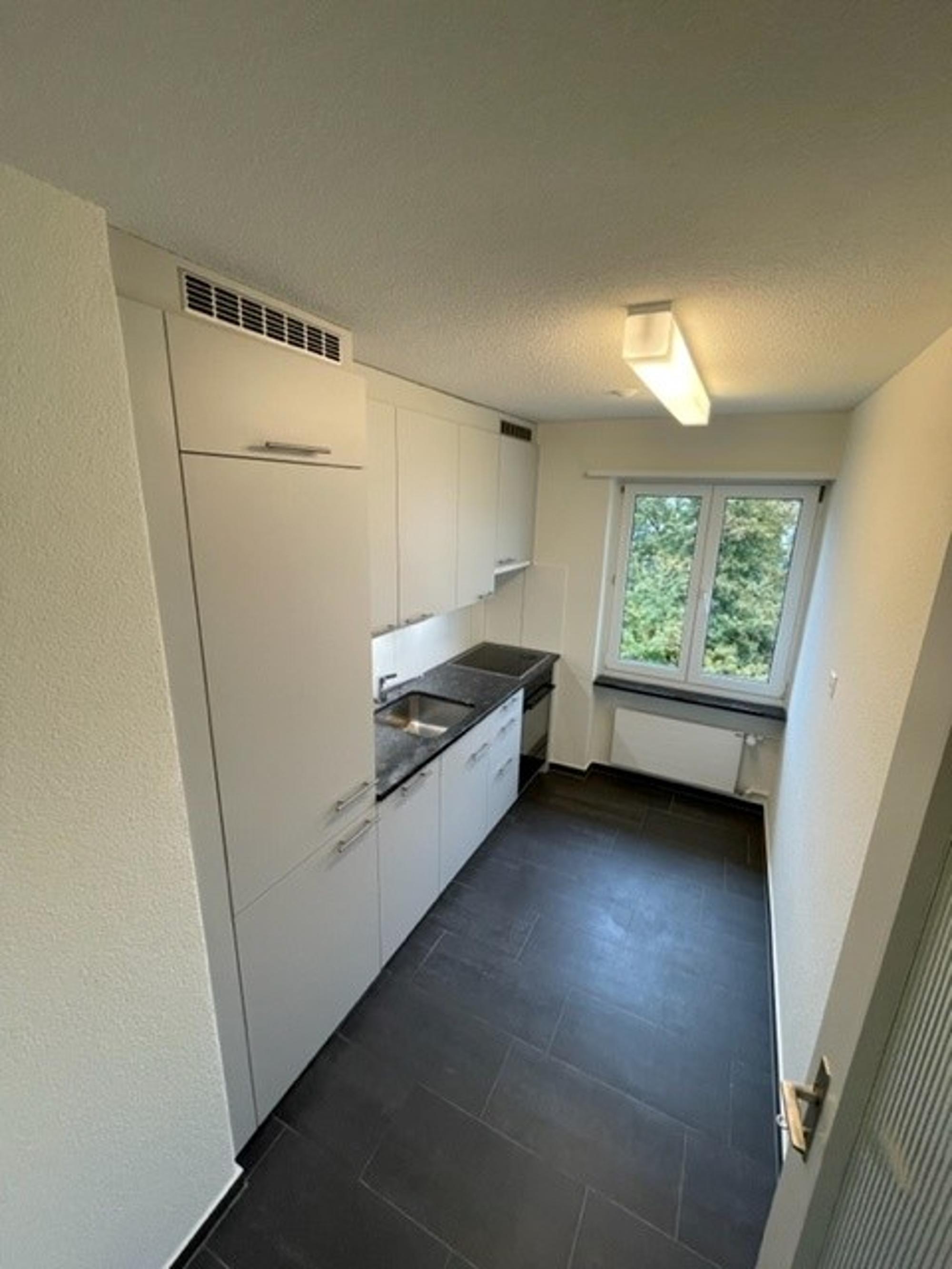 Schmale Einbauküche mit dunklem Boden