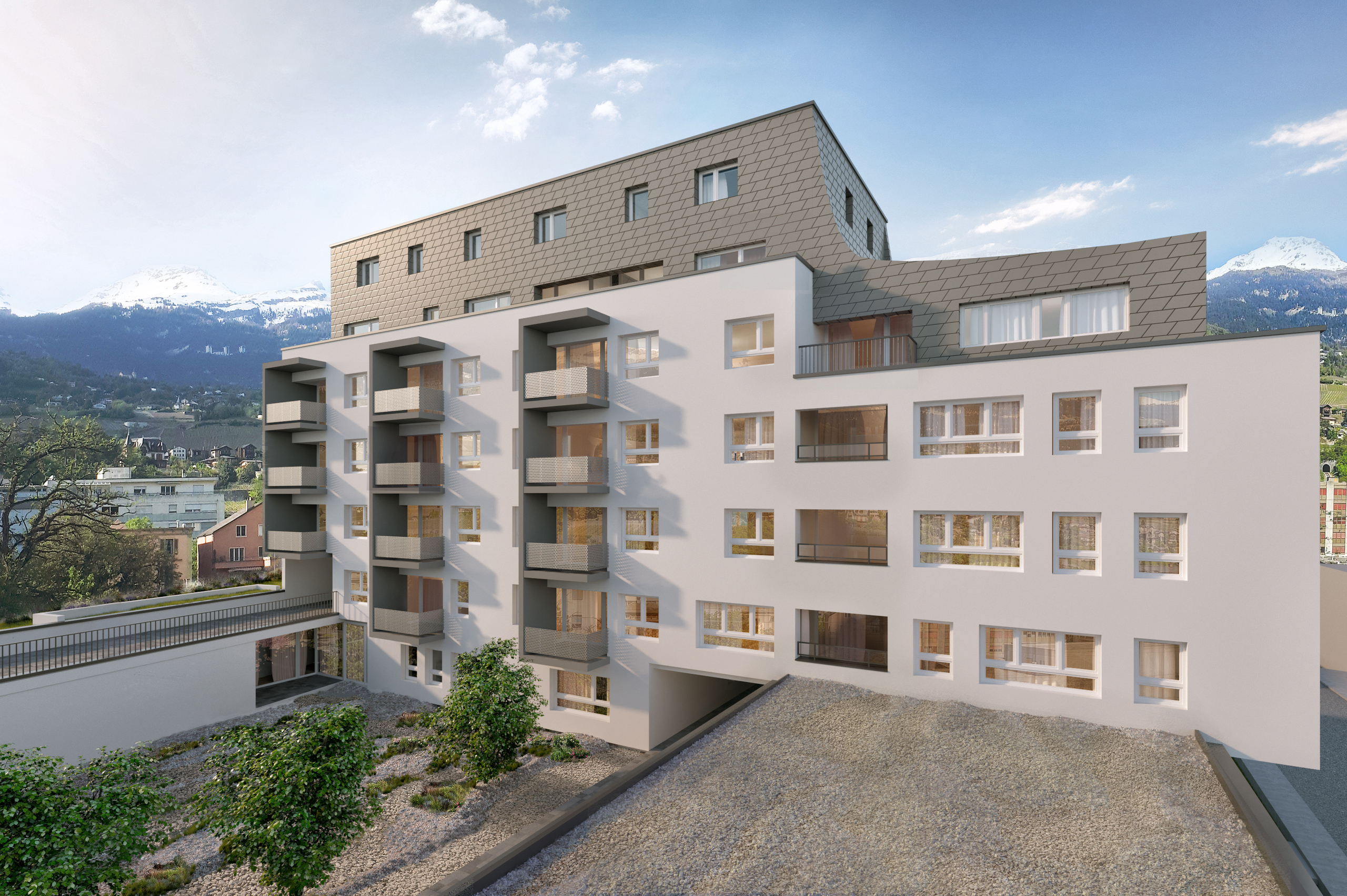 Moderne Wohnanlage mit Bergblick