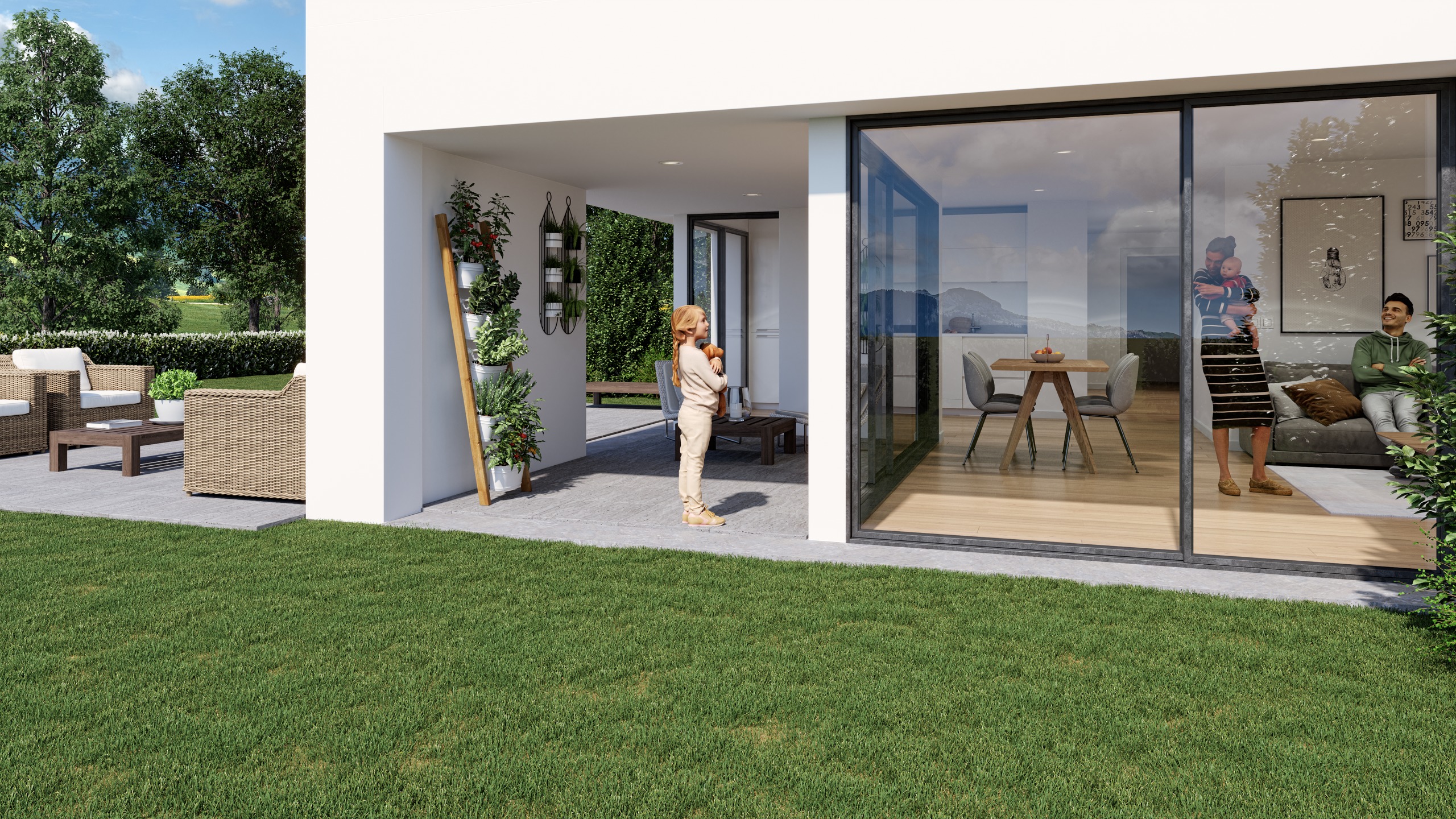 Moderne Terrasse mit Wohnbereich und Gartenblick