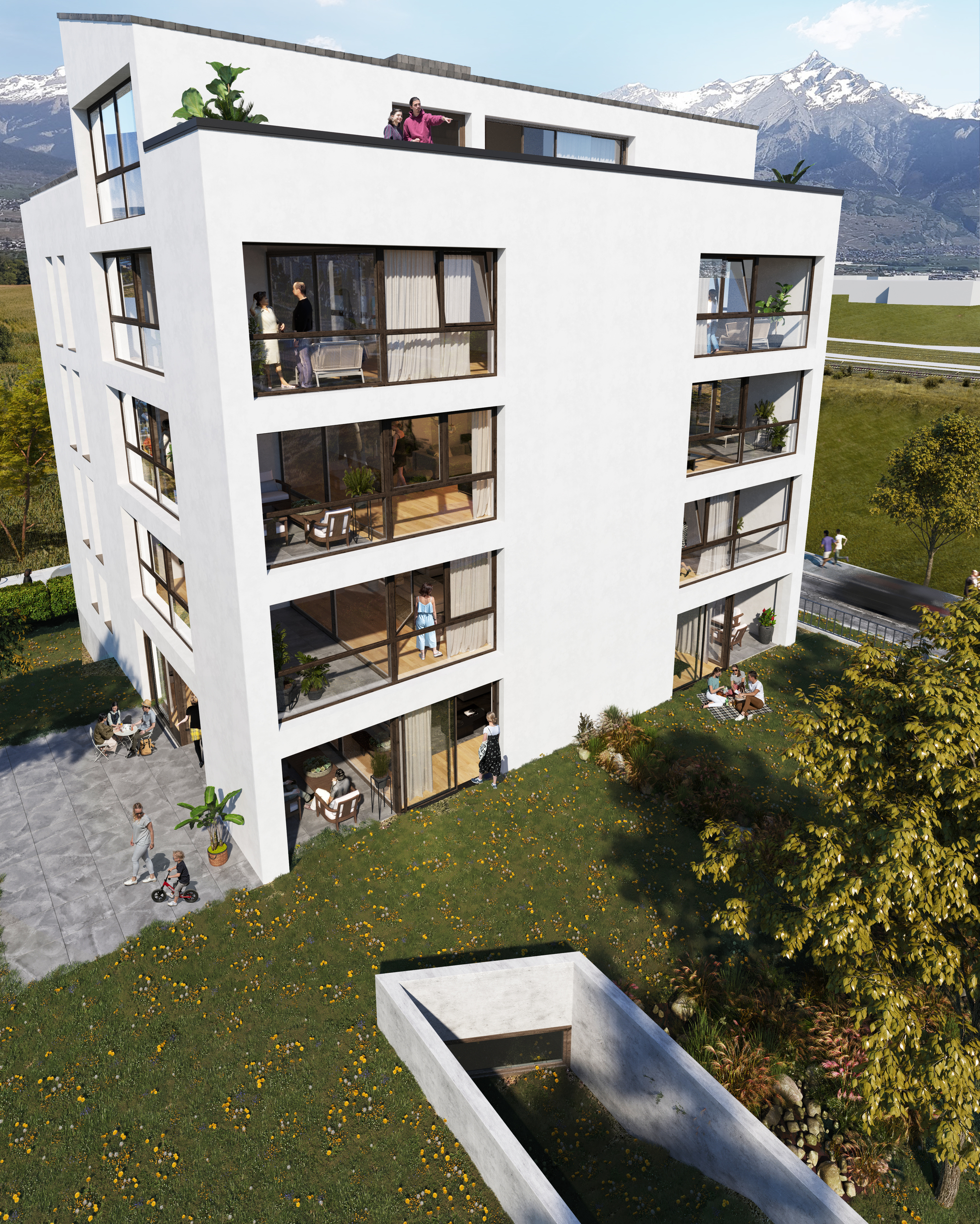 Moderne Wohnanlage mit Alpenblick