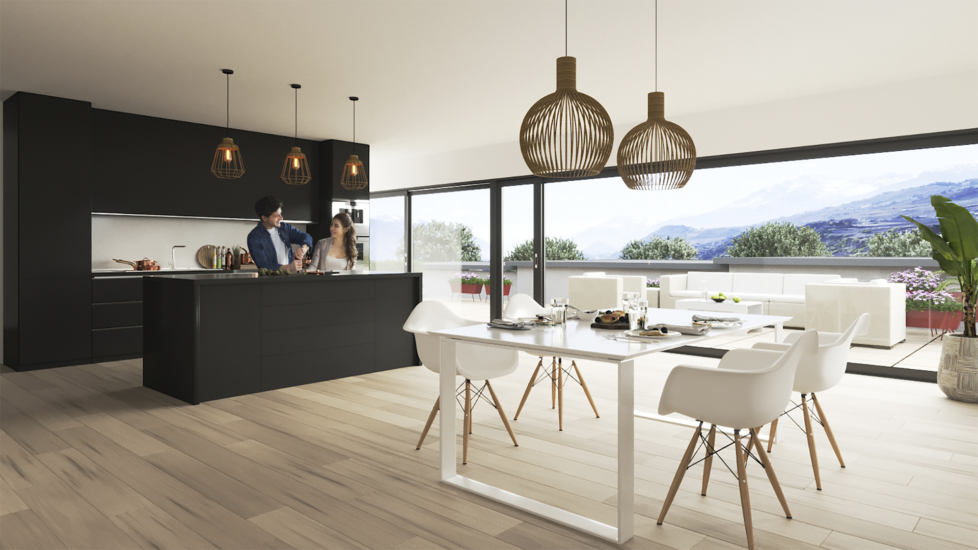 Offener Wohn- und Essbereich mit Küche und großer Terrasse