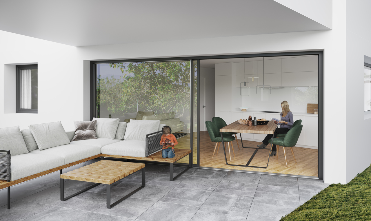 Moderner Patio mit offener Wohnküche und Lounge-Ecke