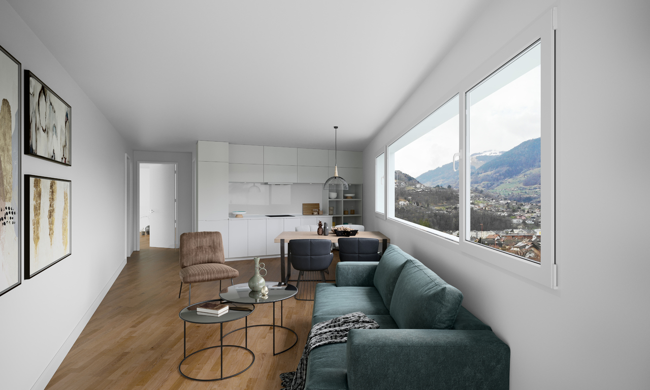 Moderner Wohn-Essbereich mit Küchenzeile und Bergblick