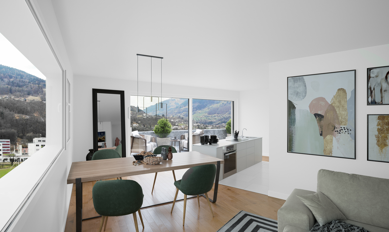 Helles, modernes Wohn-Esszimmer mit offener Küche und Alpenblick