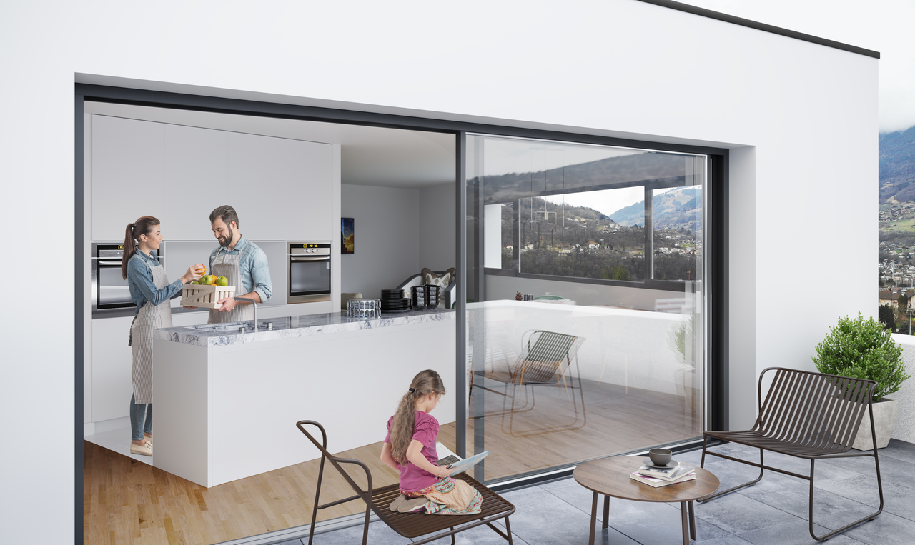Moderne Terrasse mit offener Wohnküche und Bergblick