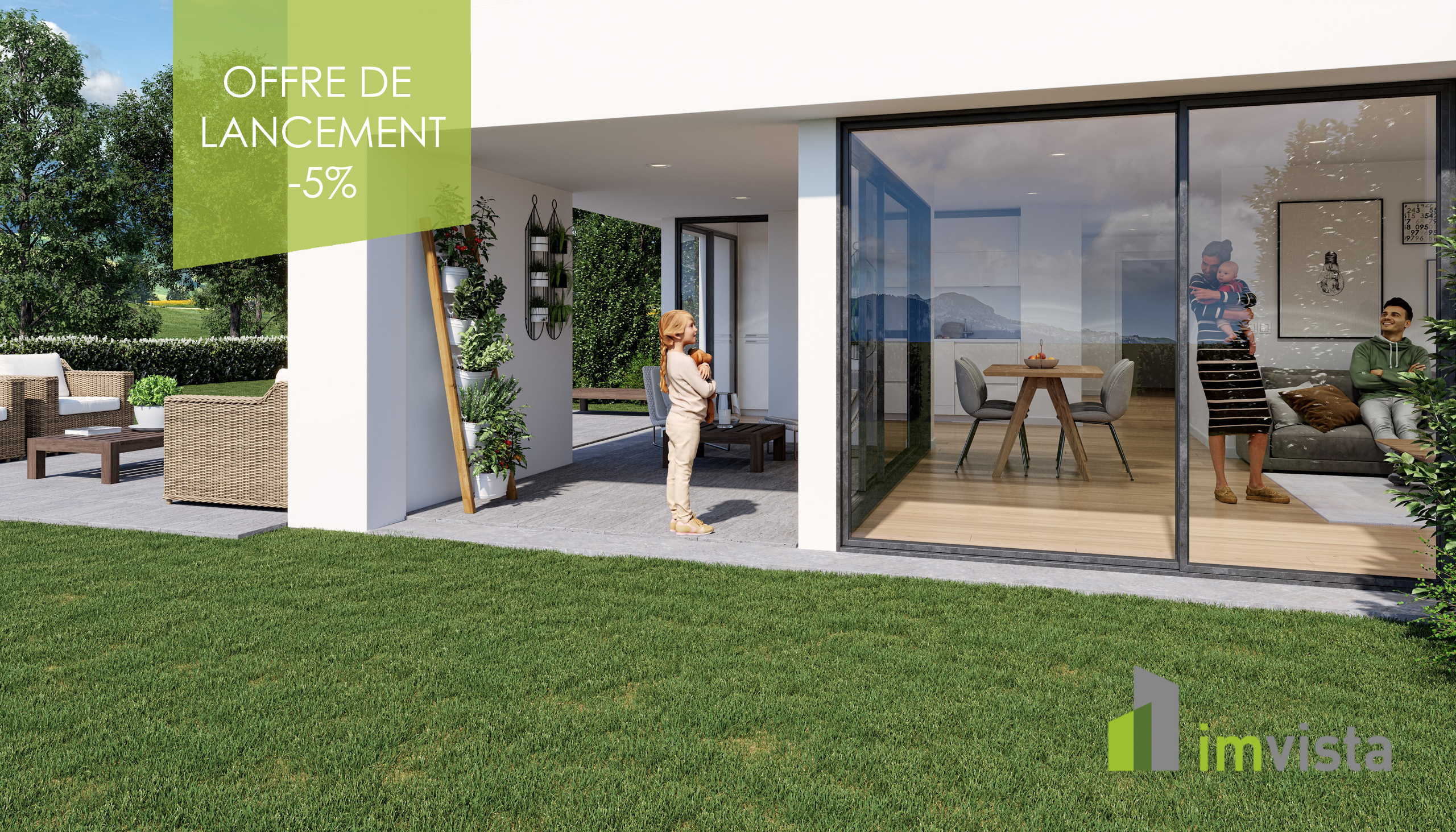 Modernes Außenrendering mit Terrasse und Wohnbereich