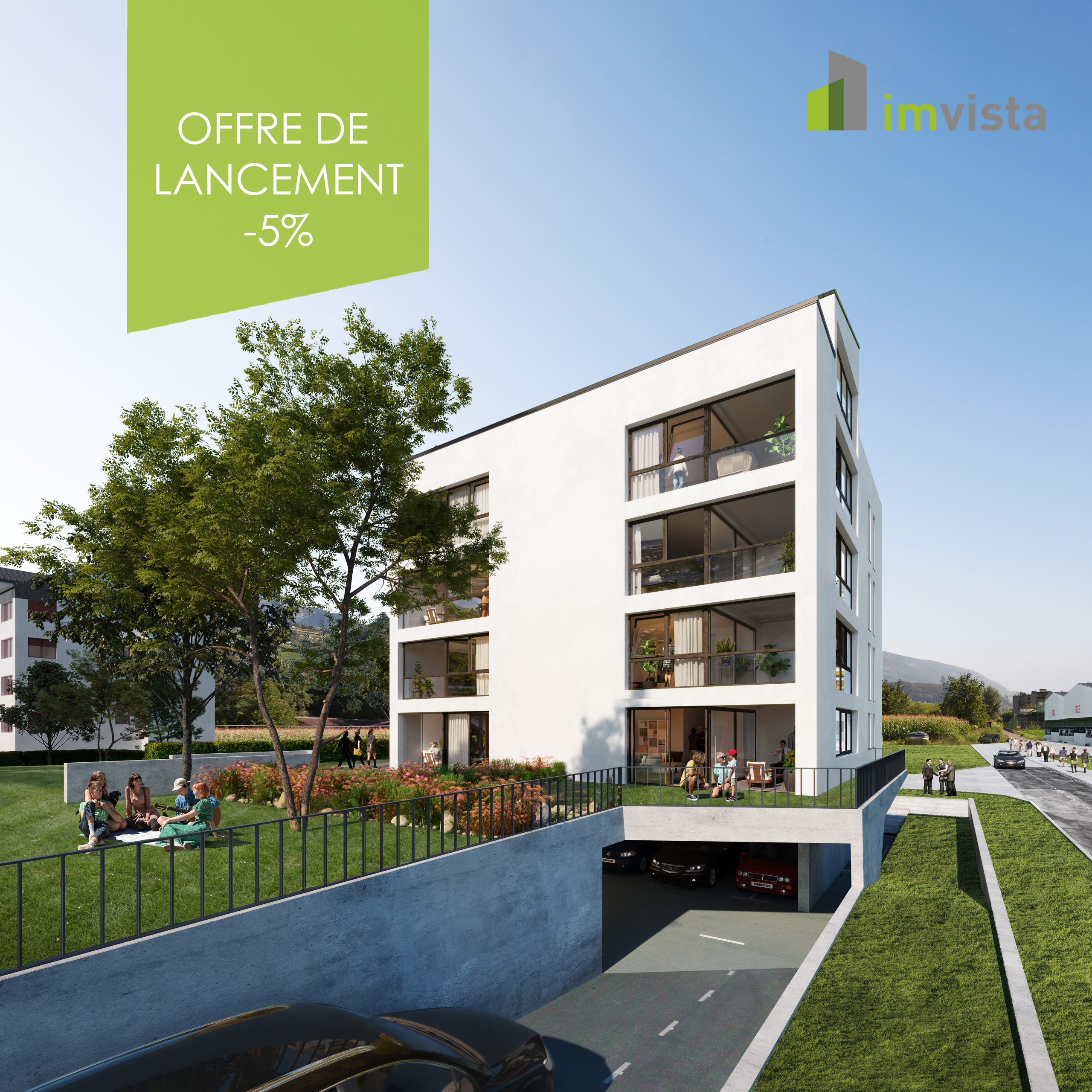 Modernes Wohngebäude mit Garten und Tiefgarage