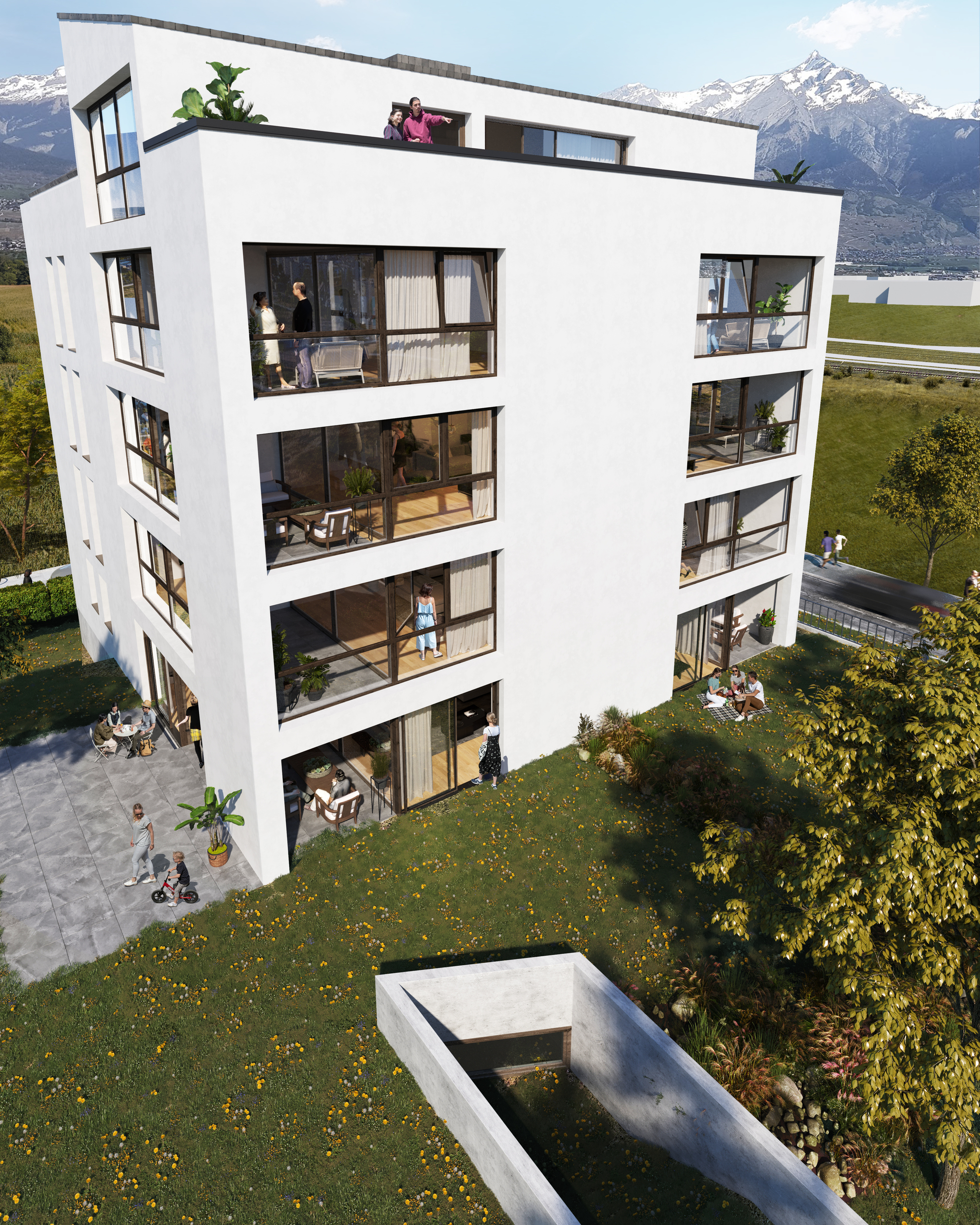 Modernes Mehrfamilienhaus mit Bergblick