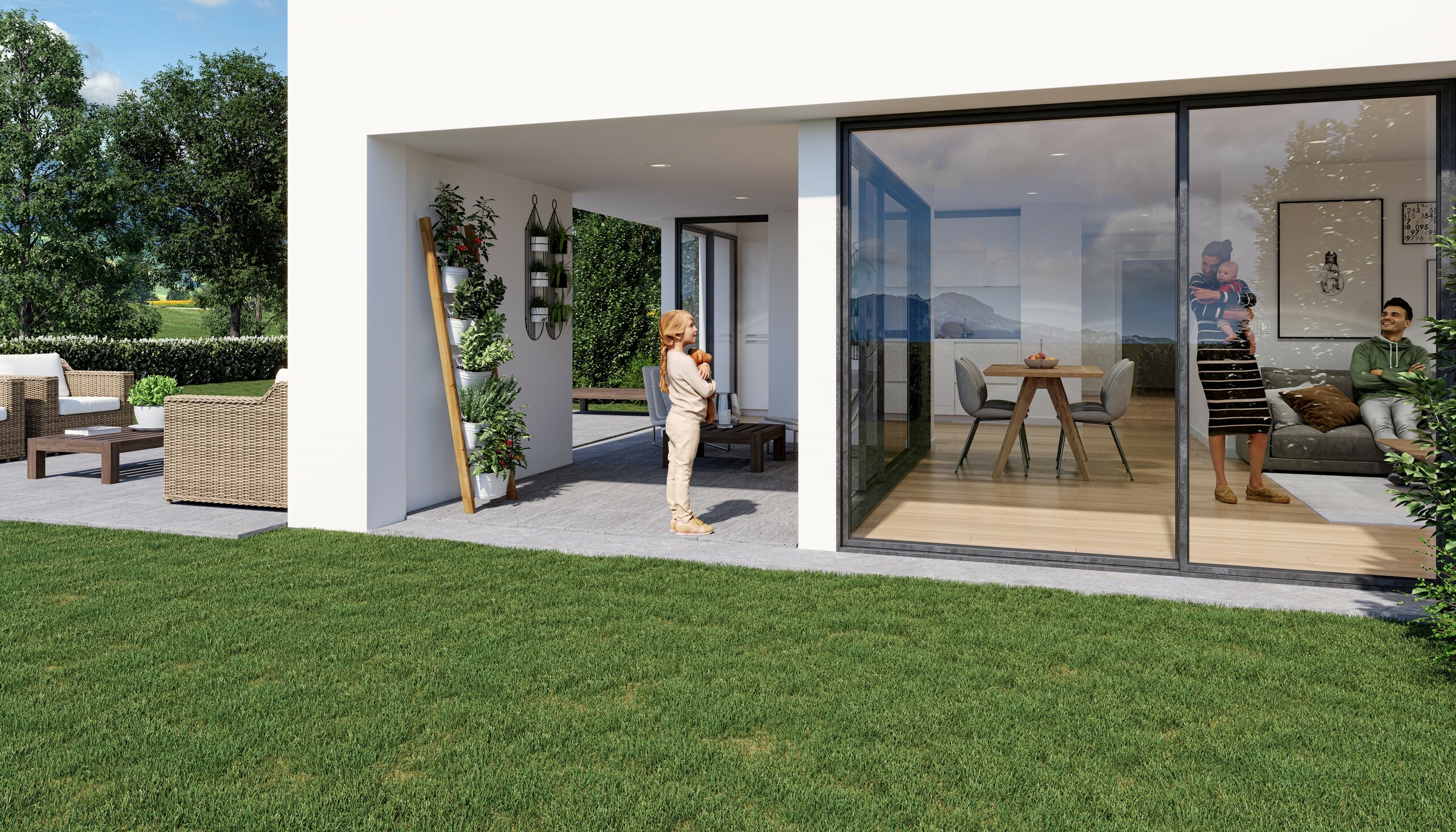 Moderne Terrasse mit großflächigen Glasfronten
