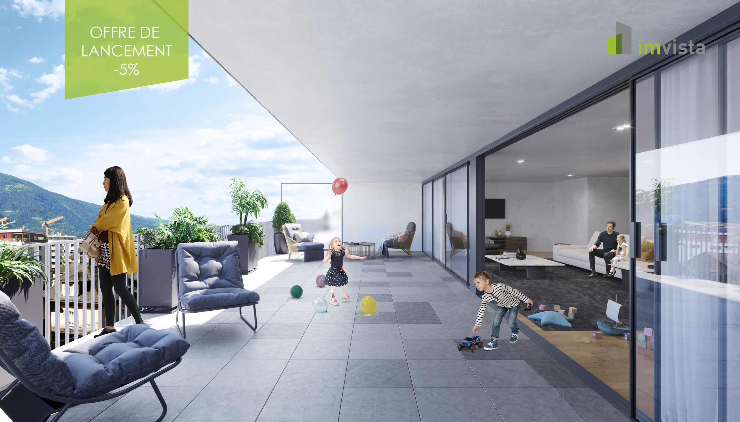 Große moderne Dachterrasse mit angrenzendem Wohnbereich