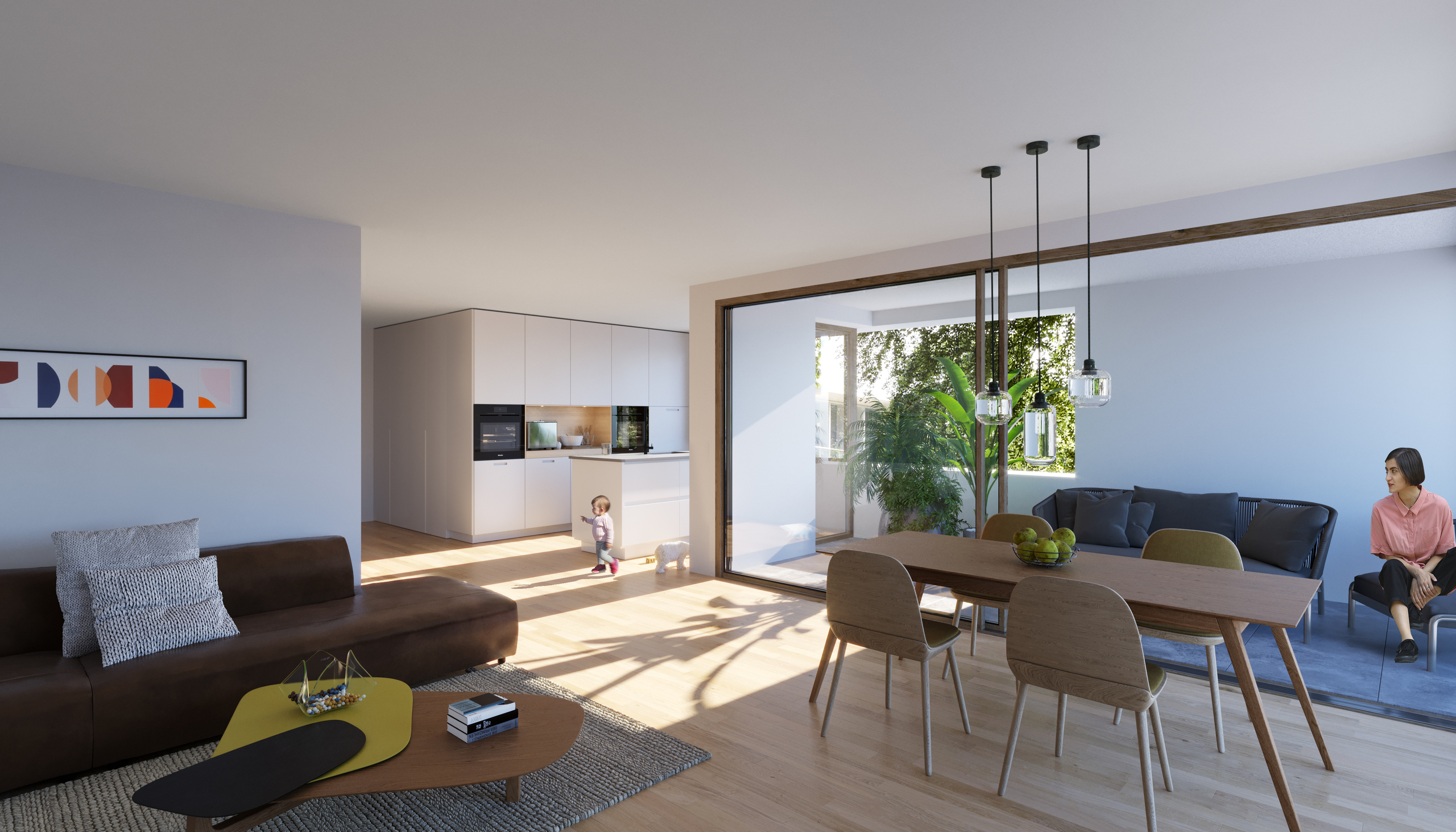 Helles, modernes Wohn-Esszimmer mit offener Küche und Balkon