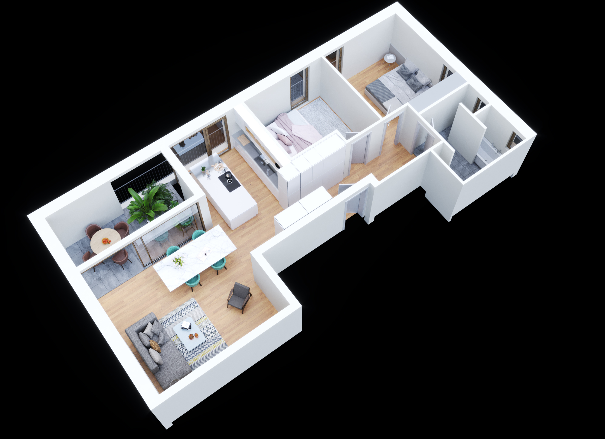 3D-Grundriss einer Wohnung mit Wohn-, Ess- und Schlafbereichen