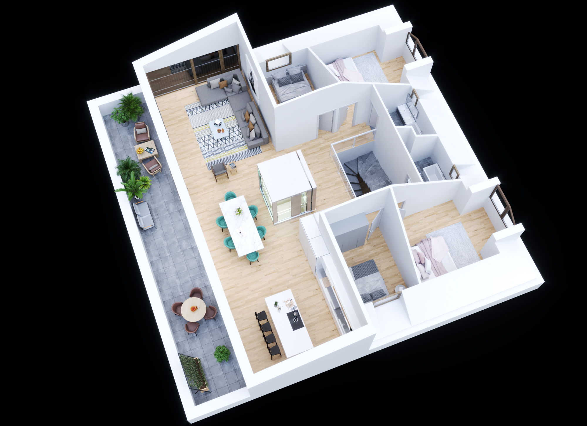 3D-Grundriss einer modernen Wohnung mit Terrasse