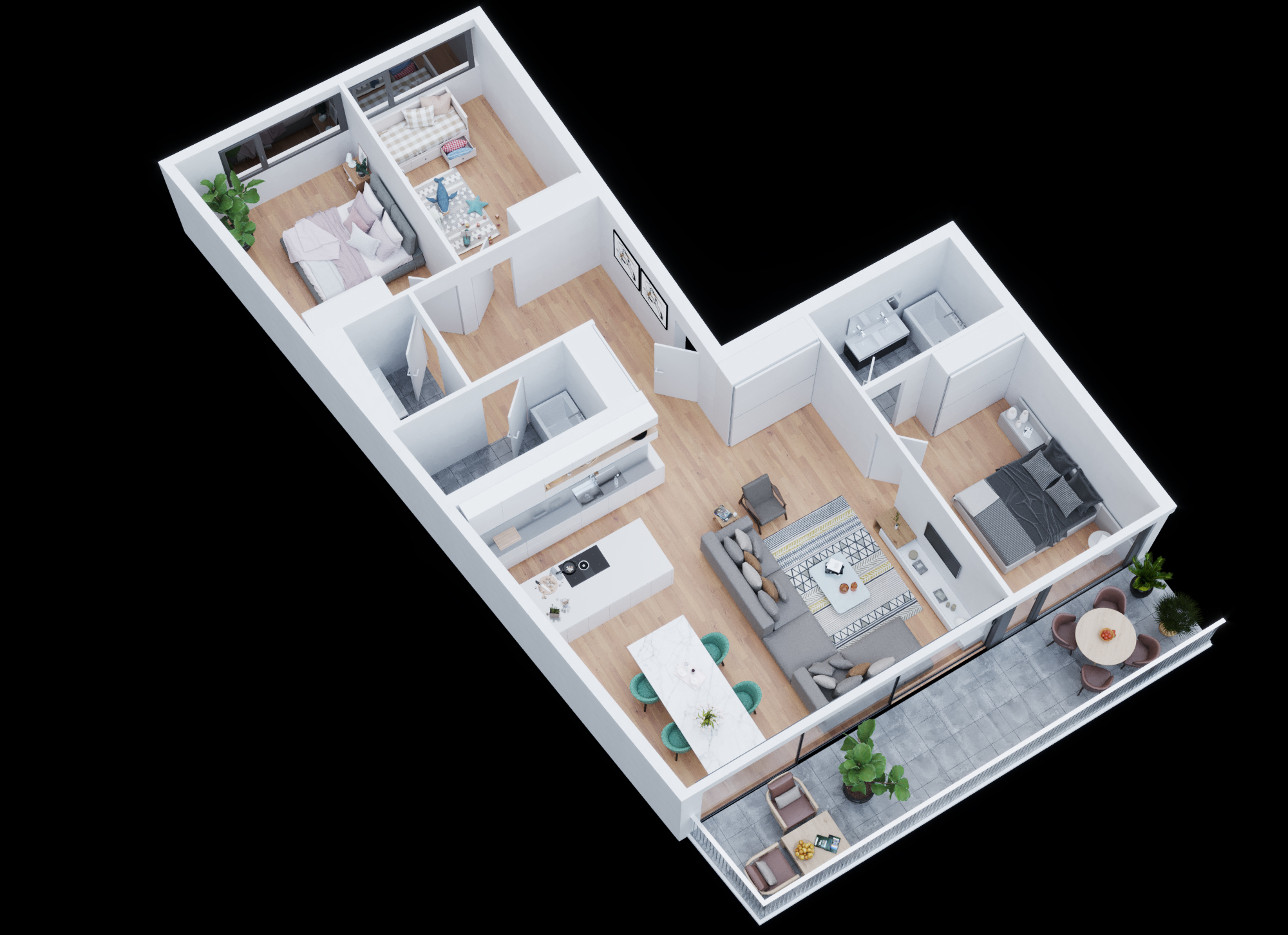 Grundriss einer modernen Wohnung mit Terrasse