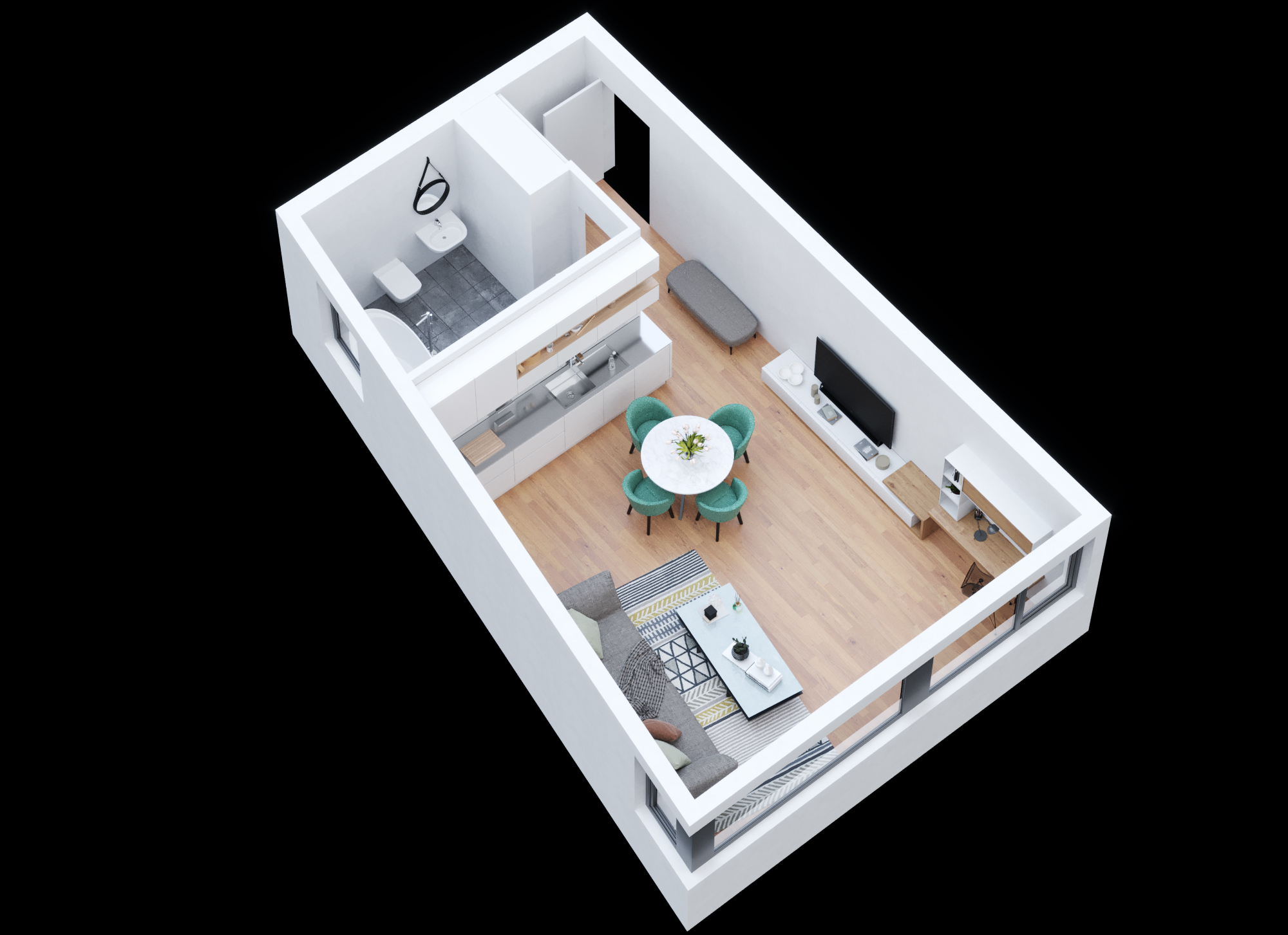Moderne Wohnung mit offenem Wohn-Ess-Bereich und Bad