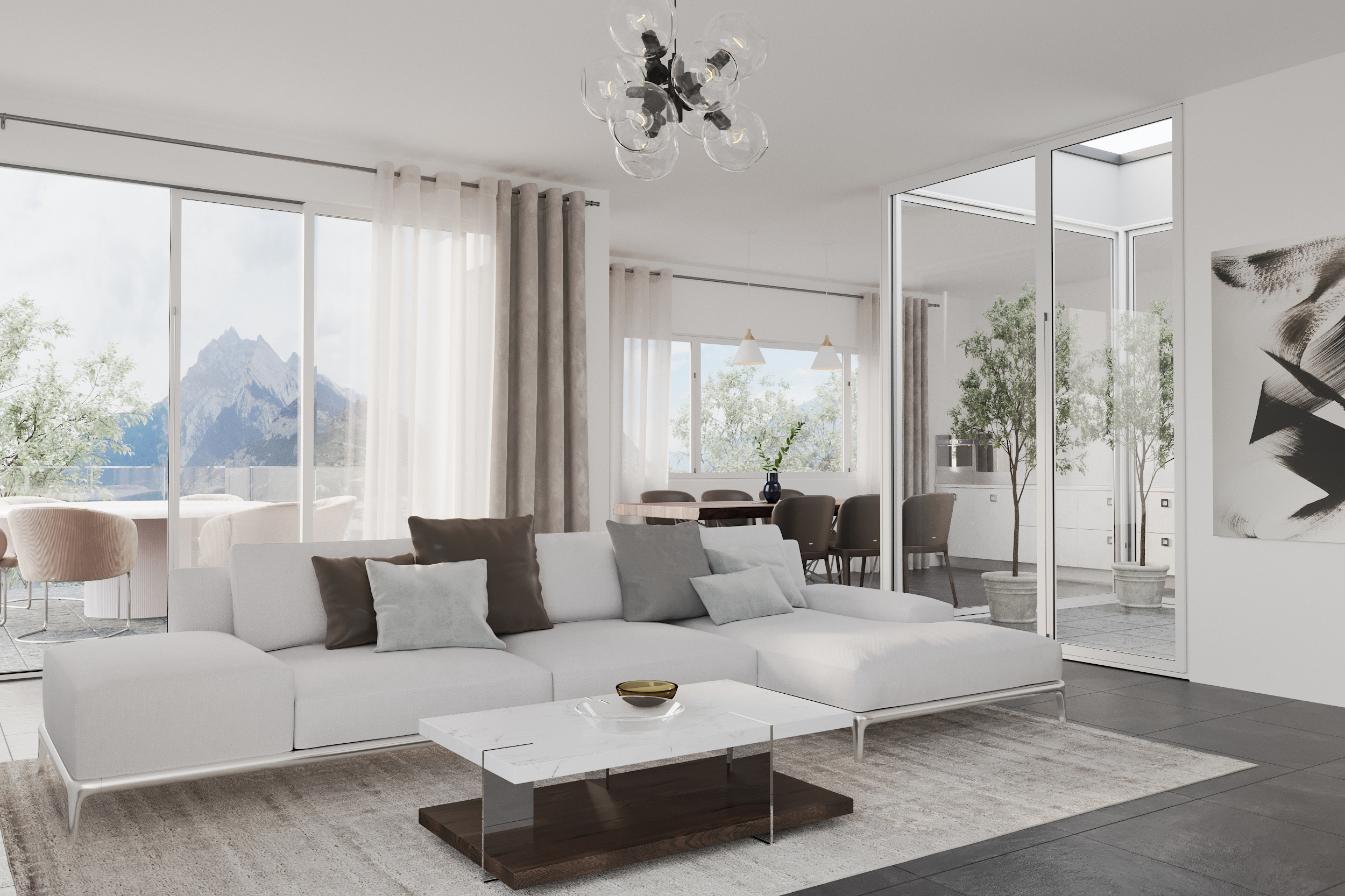 Helles modernes Wohnzimmer mit Terrasse und Bergblick