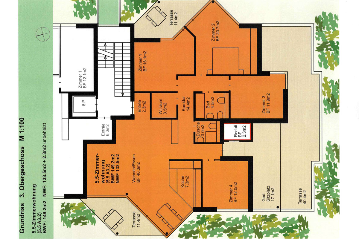 Grundriss einer 5.5-Zimmerwohnung im 3. Obergeschoss