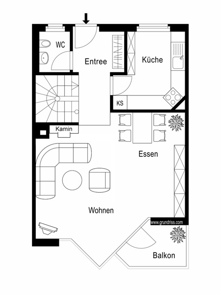 Grundriss mit Wohn-, Ess- und Küchenbereich