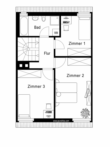 Grundriss einer Wohnung mit vier Räumen