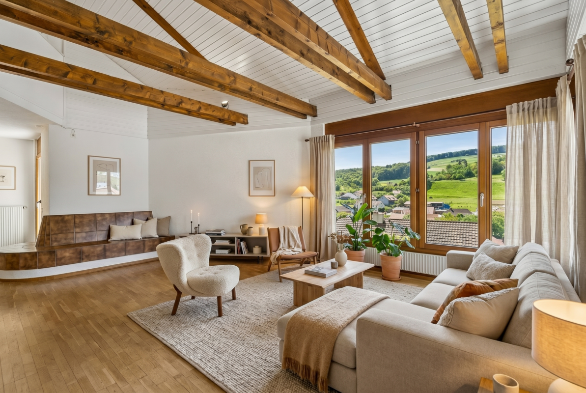 Heller Wohnraum mit sichtbaren Holzbalken und Panoramafenster