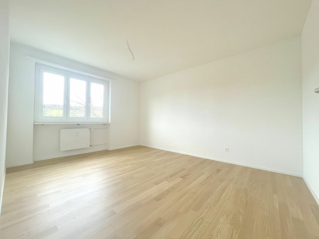 Leerer, heller Wohnraum mit Holzoptikboden